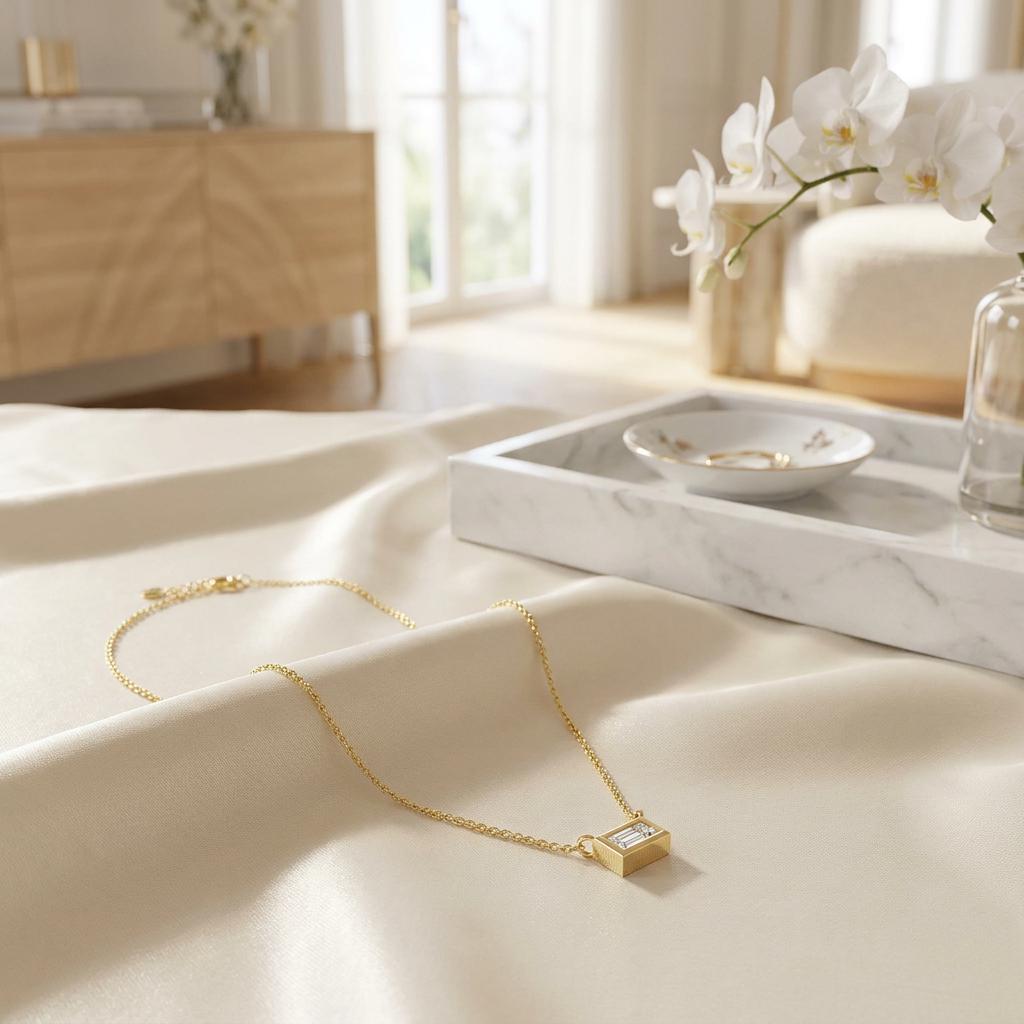 Baguette Diamond Solitaire Dainty Bezel Set 14K Solid Gold Pendant Necklace