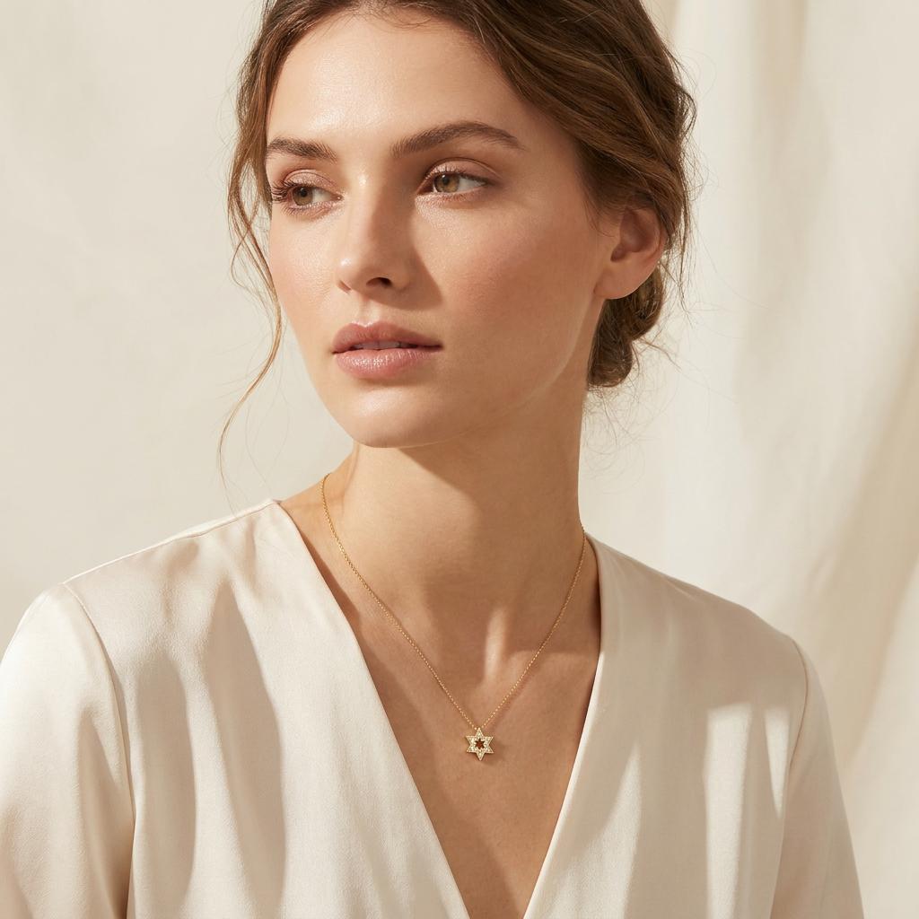 Round Diamond Dainty Star Of David 14K Solid Gold Pendant Necklace