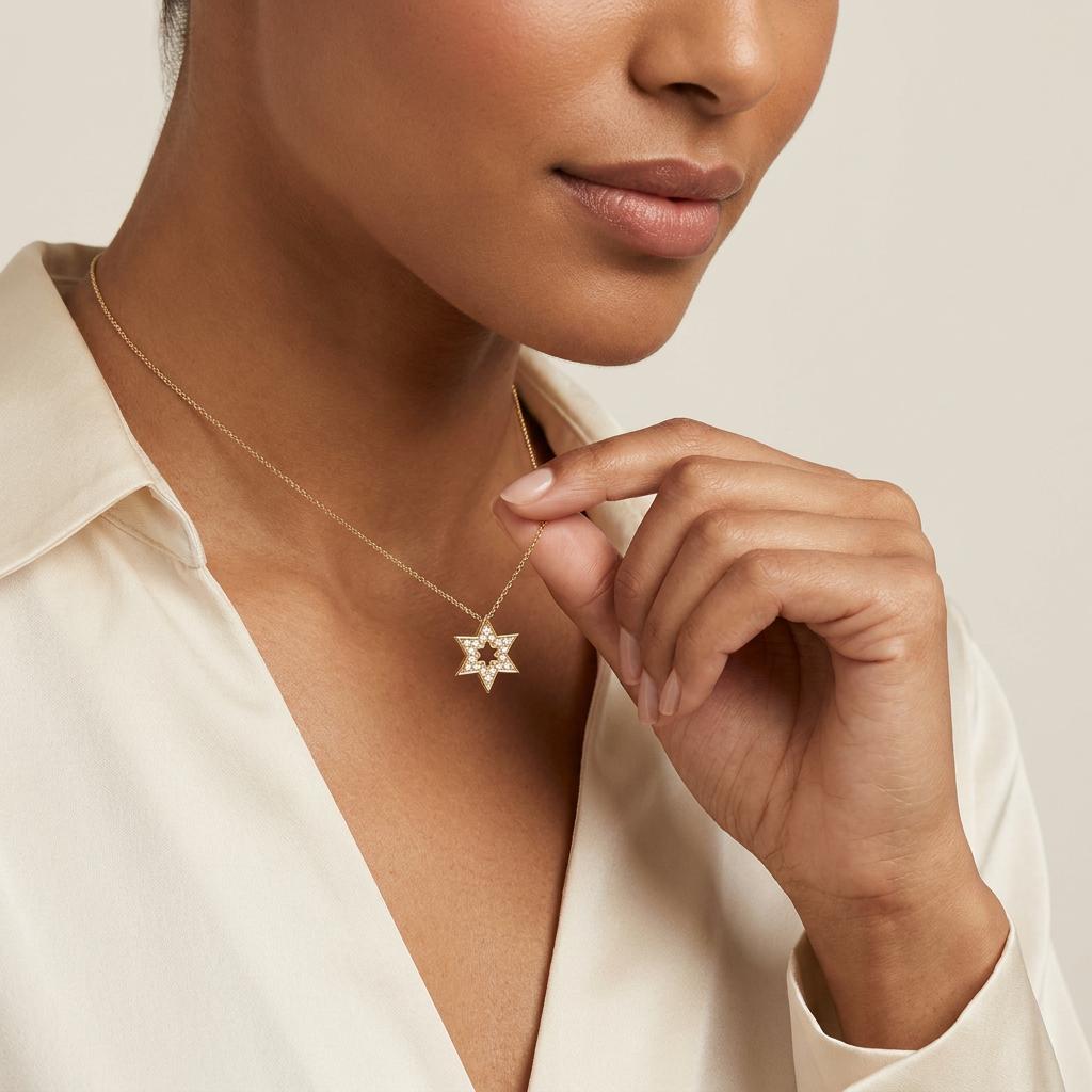 Round Diamond Dainty Star Of David 14K Solid Gold Pendant Necklace