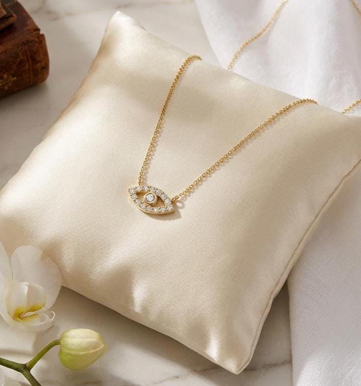 Diamond Dainty Evil Eye 14K Solid Gold Pendant Necklace
