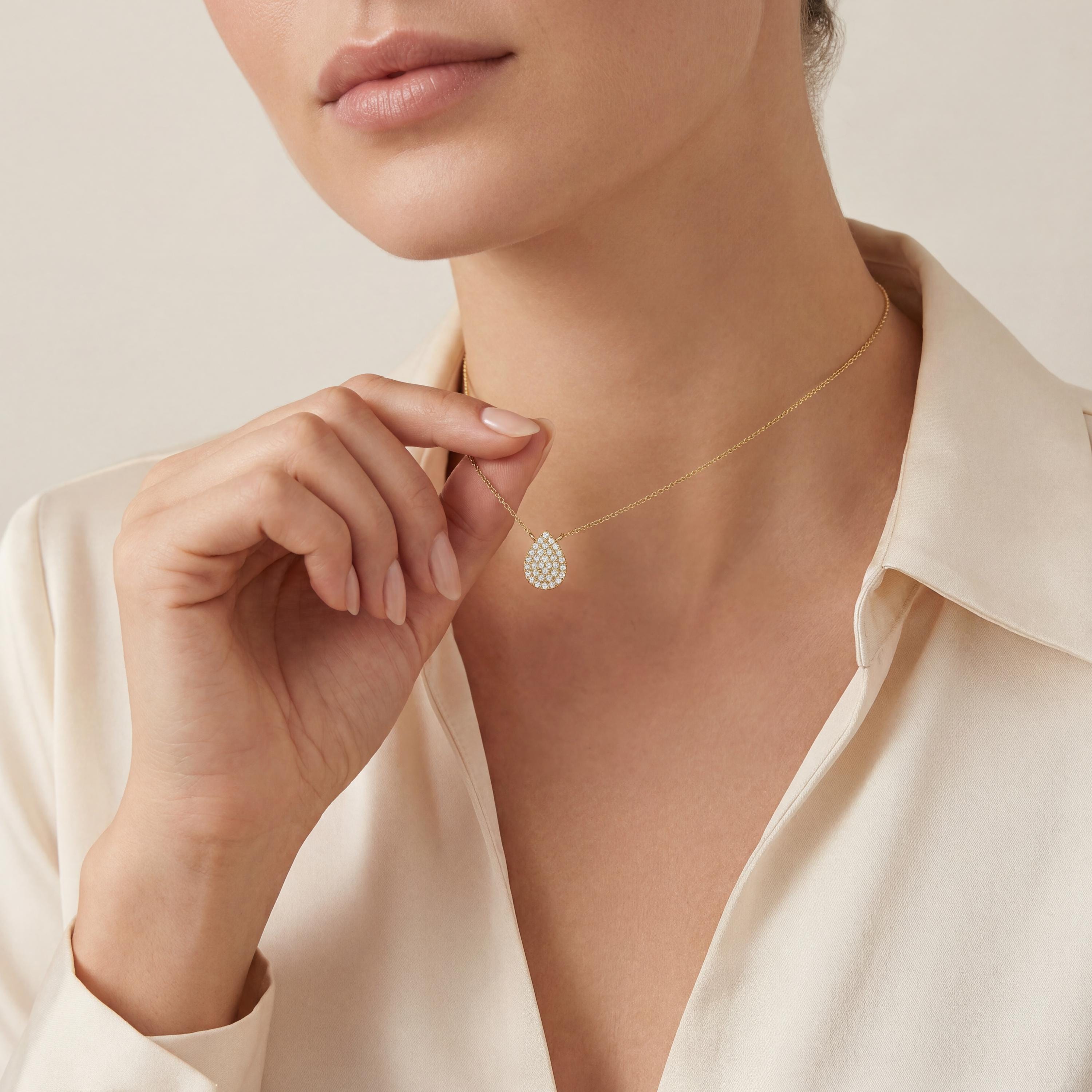 Round Pave Diamond Dainty Pear Shape 14K Solid Gold Pendant Necklace
