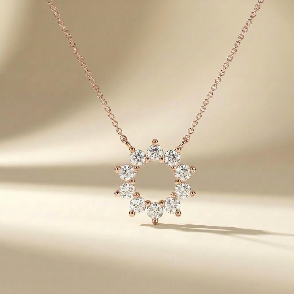 Round Diamond Open Circle Dainty Starburst 14K Solid Gold Pendant Necklace