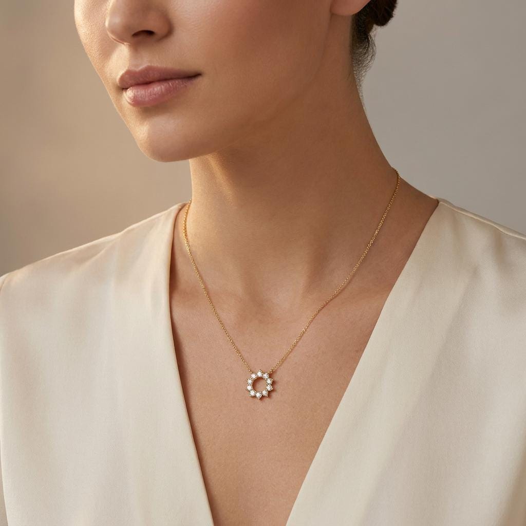 Round Diamond Open Circle Dainty Starburst 14K Solid Gold Pendant Necklace