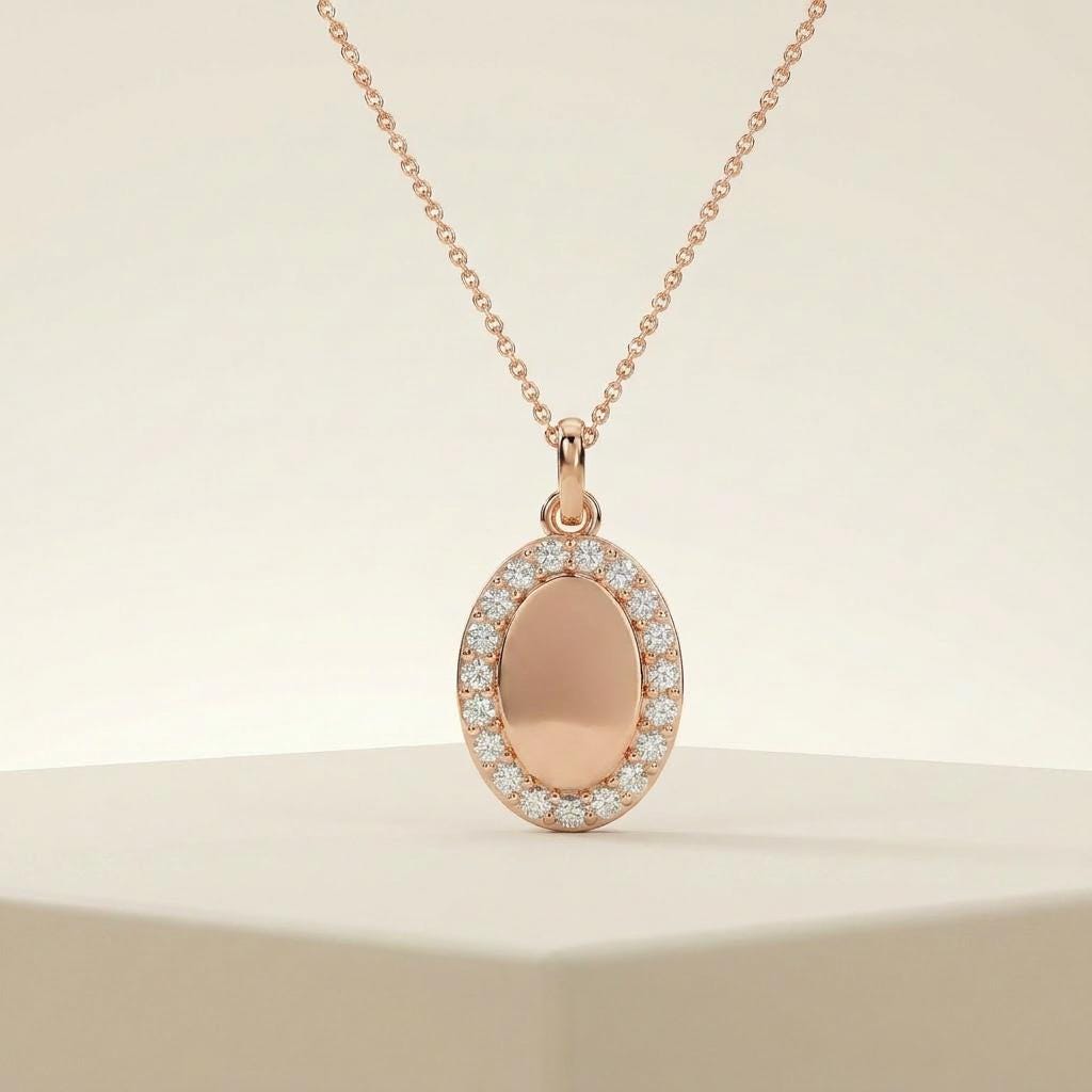 Oval Diamond Halo Disc 14K Solid Gold Pendant Necklace