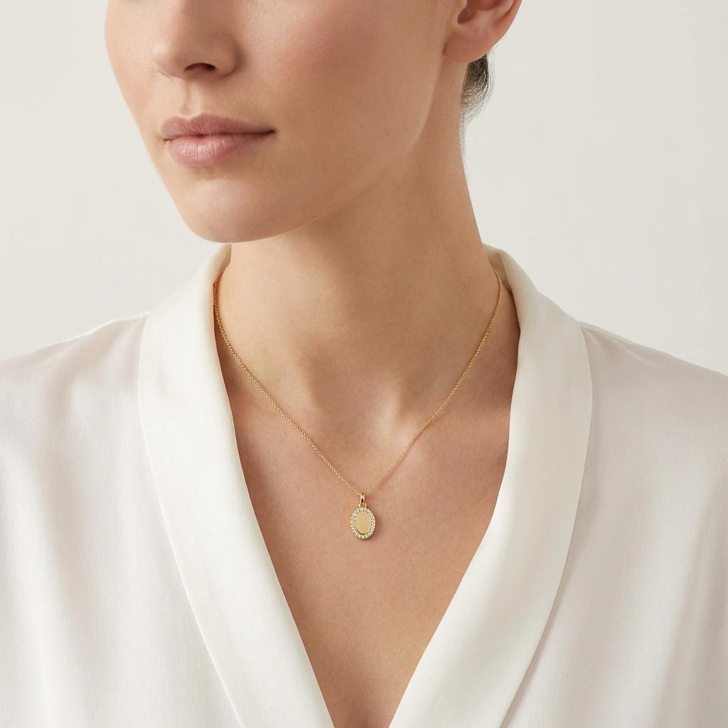 Oval Diamond Halo Disc 14K Solid Gold Pendant Necklace
