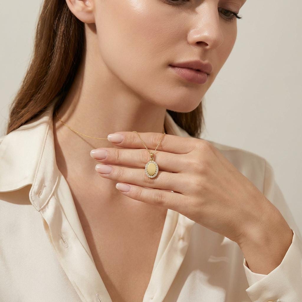 Oval Diamond Halo Disc 14K Solid Gold Pendant Necklace