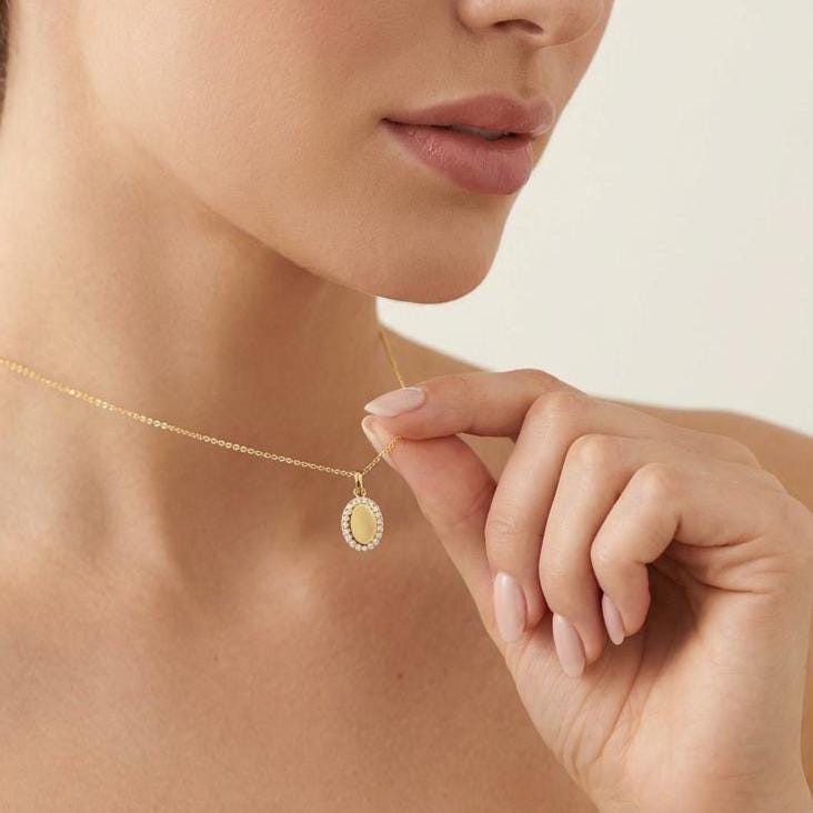 Oval Diamond Halo Disc 14K Solid Gold Pendant Necklace