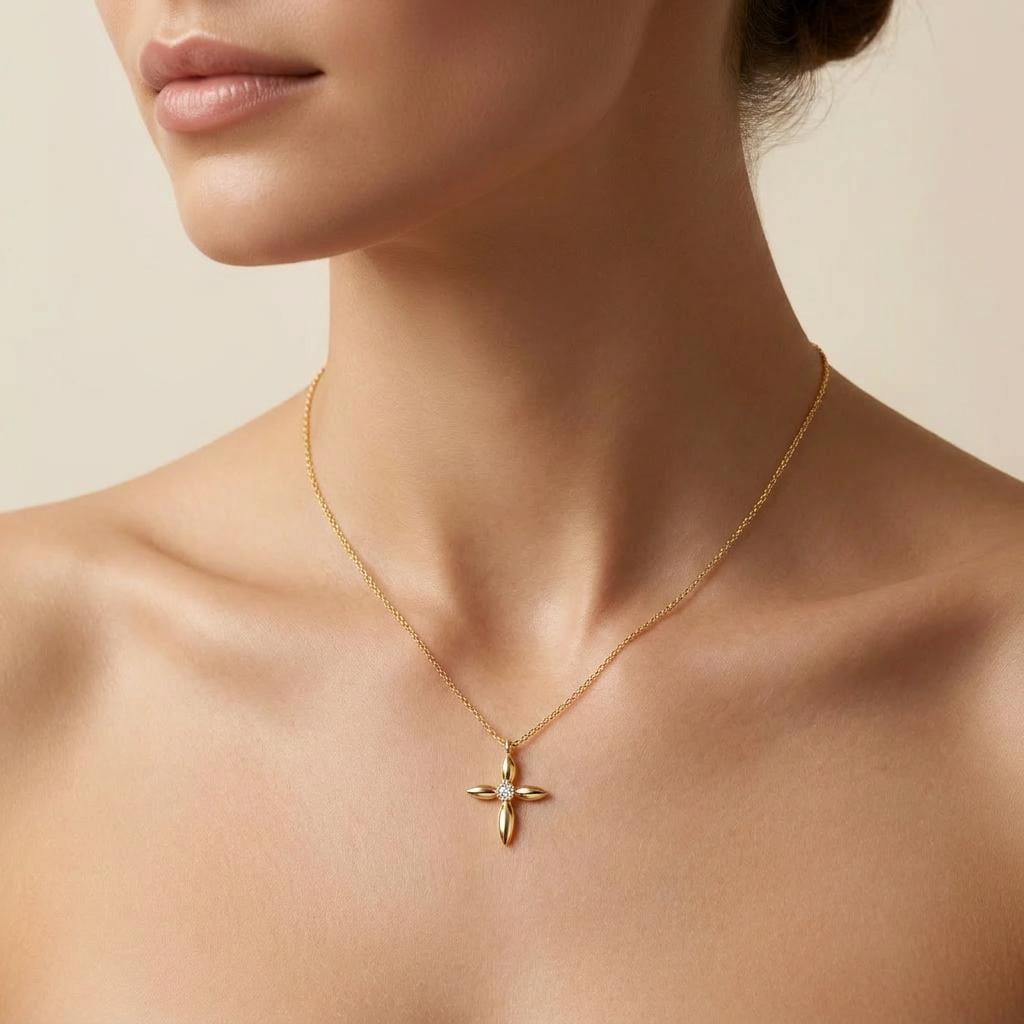 Round Diamond Solitaire Petal Cross 14K Solid Gold Pendant Necklace