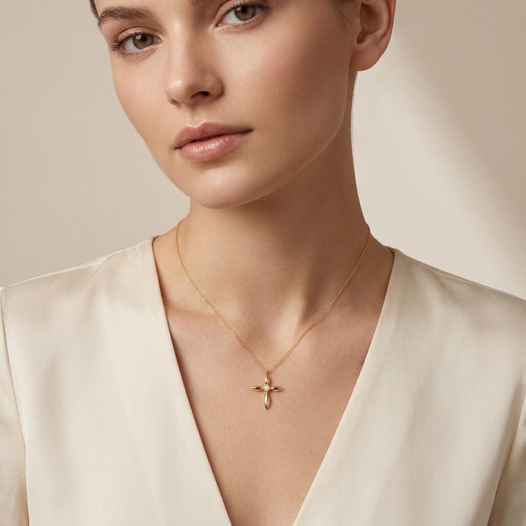 Round Diamond Solitaire Petal Cross 14K Solid Gold Pendant Necklace