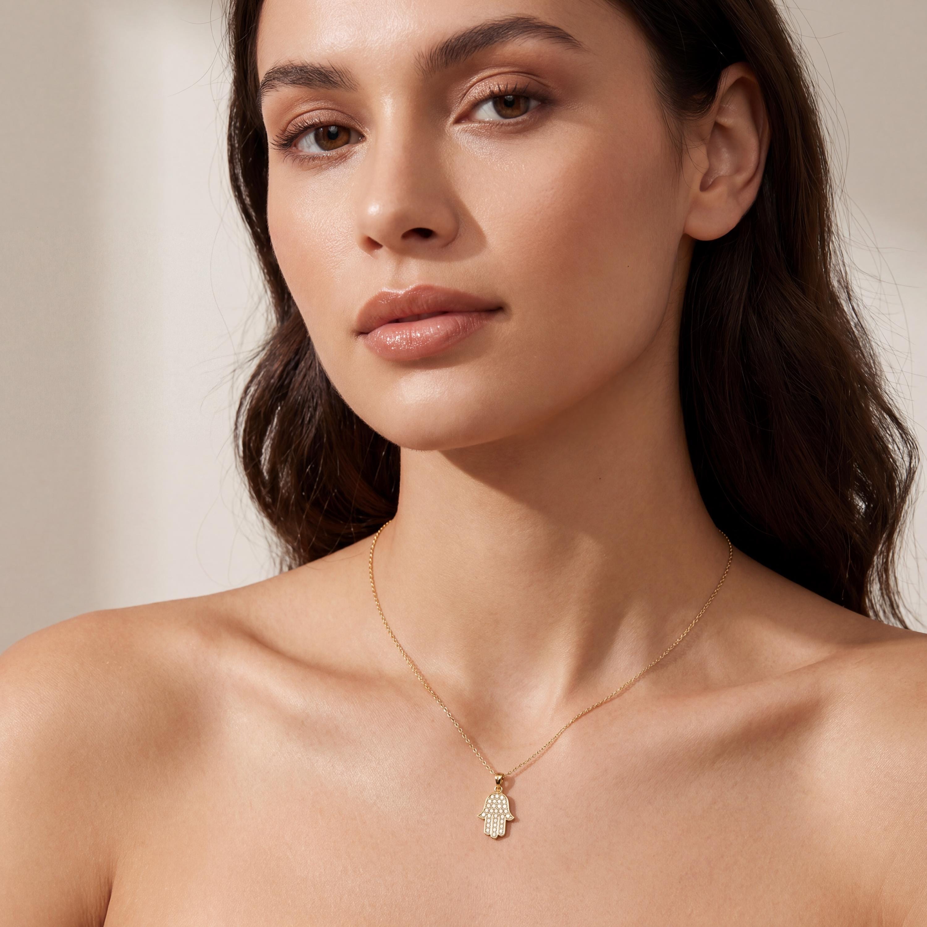 Round Diamond Dainty Prong Set Hamsa Hand 14K Solid Gold Pendant Necklace