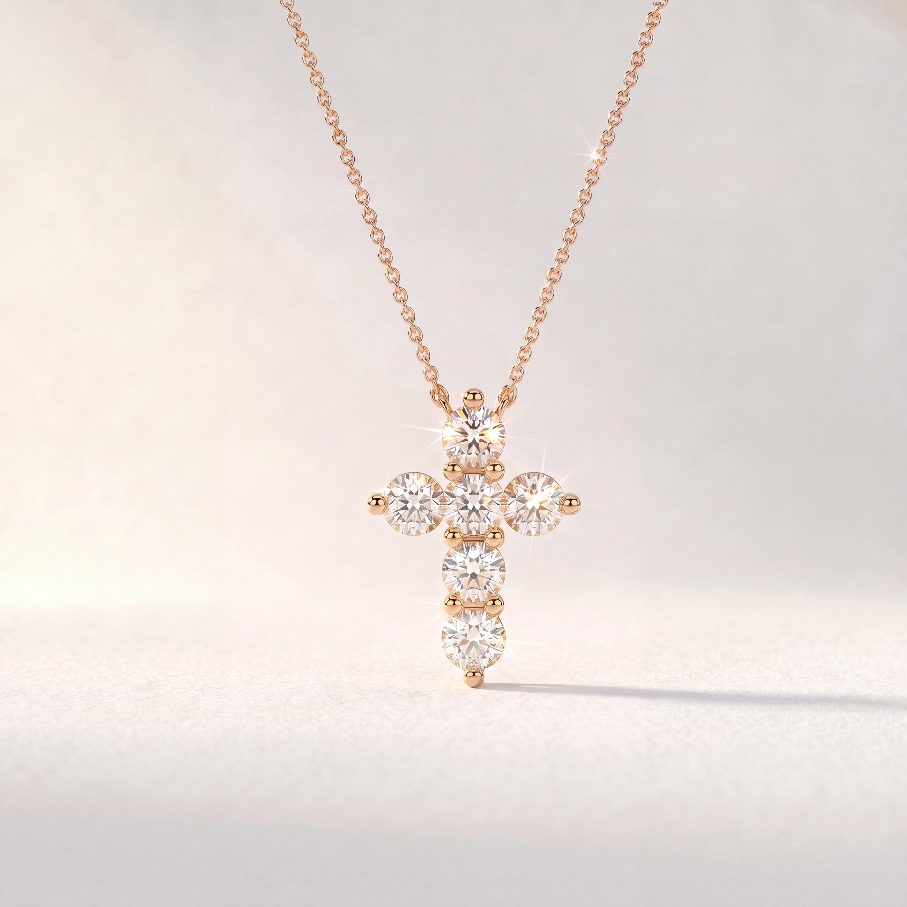 Round Diamond Dainty Prong Set Cross 14K Solid Gold Pendant Necklace