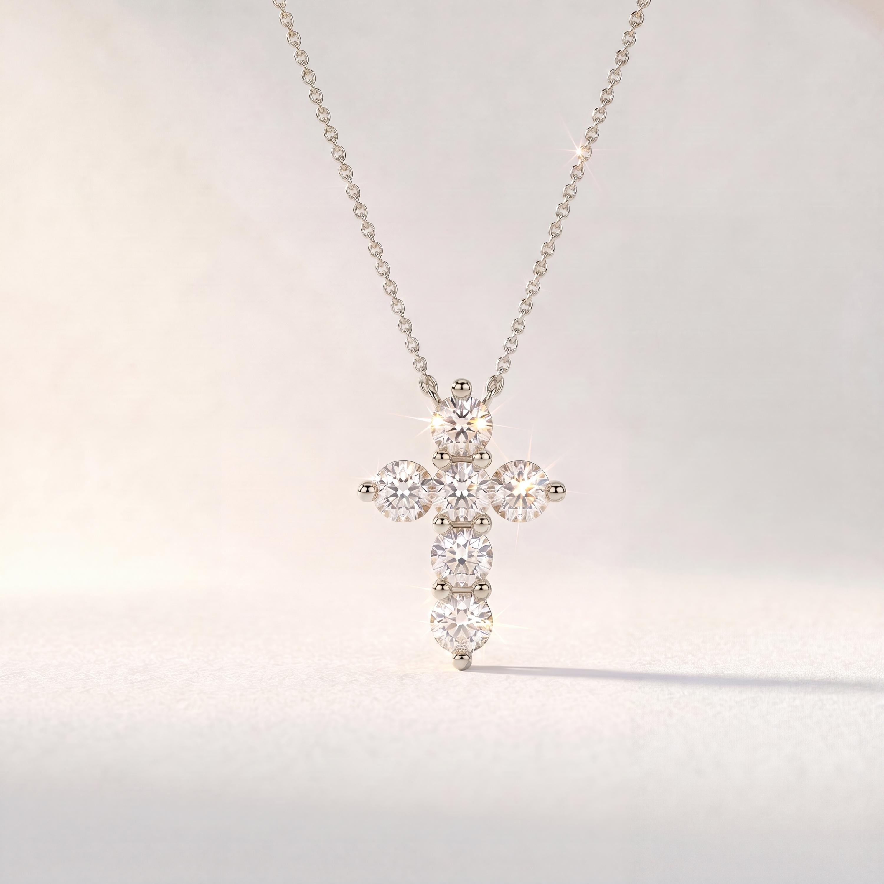 Round Diamond Dainty Prong Set Cross 14K Solid Gold Pendant Necklace