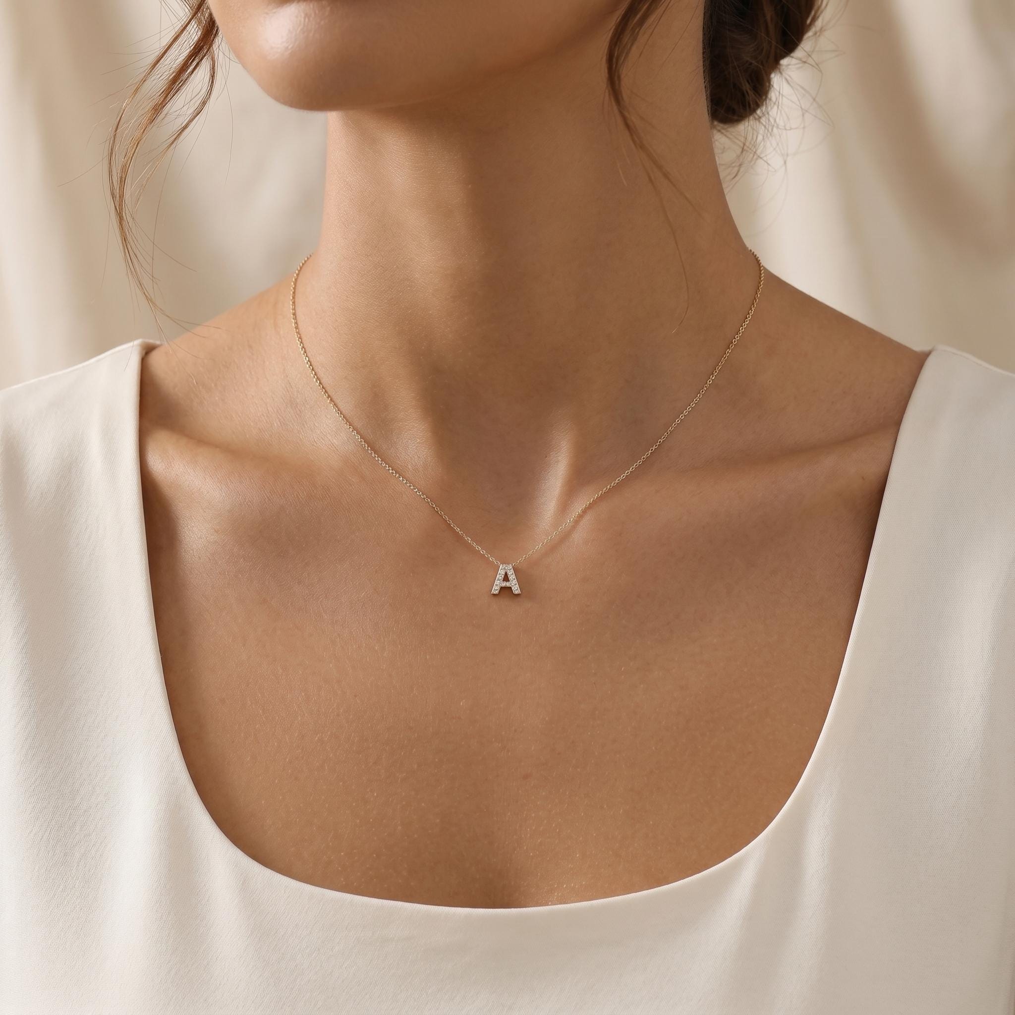 Round Diamond Pave 14K Dainty Solid Gold Initial Letter Necklace Pendant