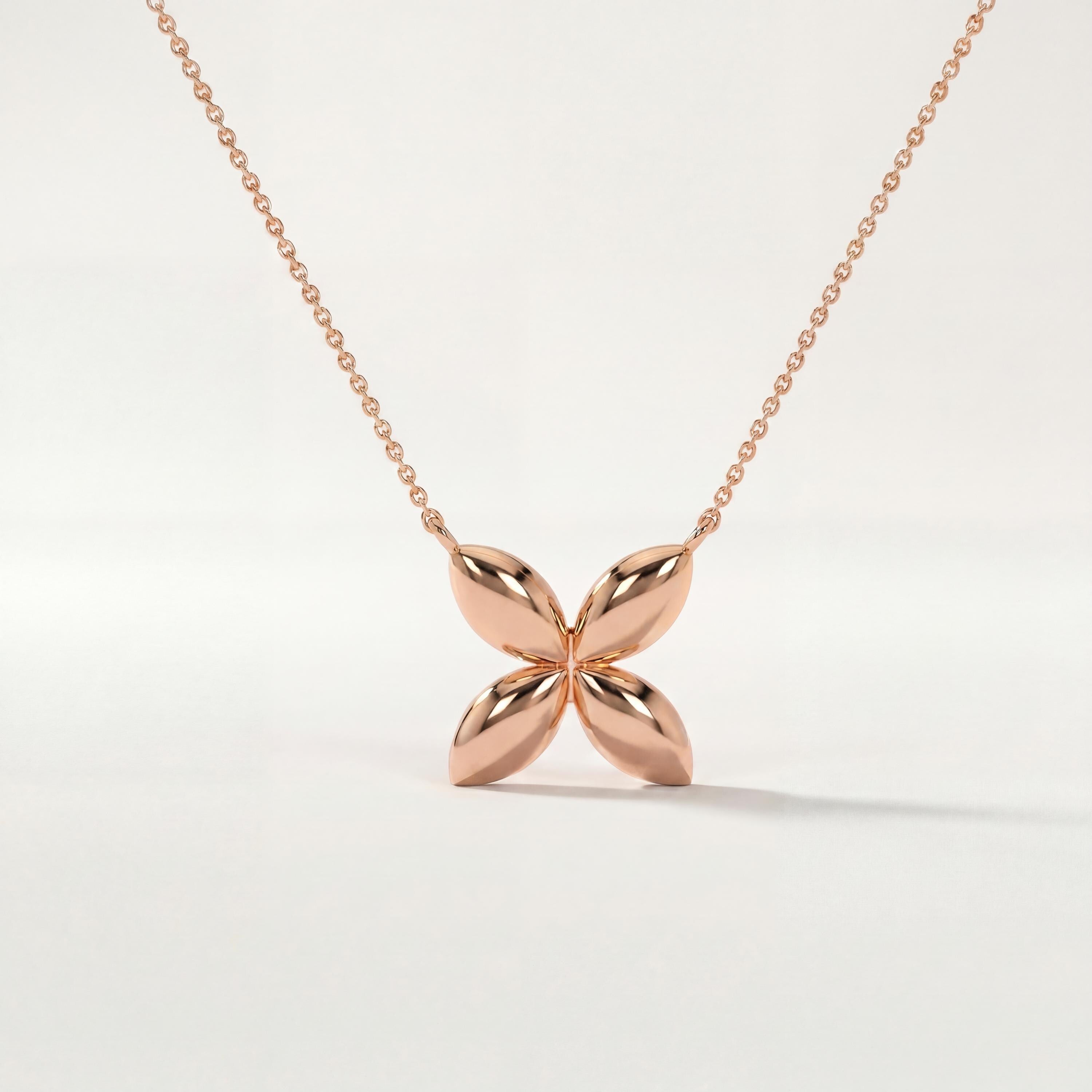 Dainty Four Petal Flower 14K Solid Gold Pendant Necklace