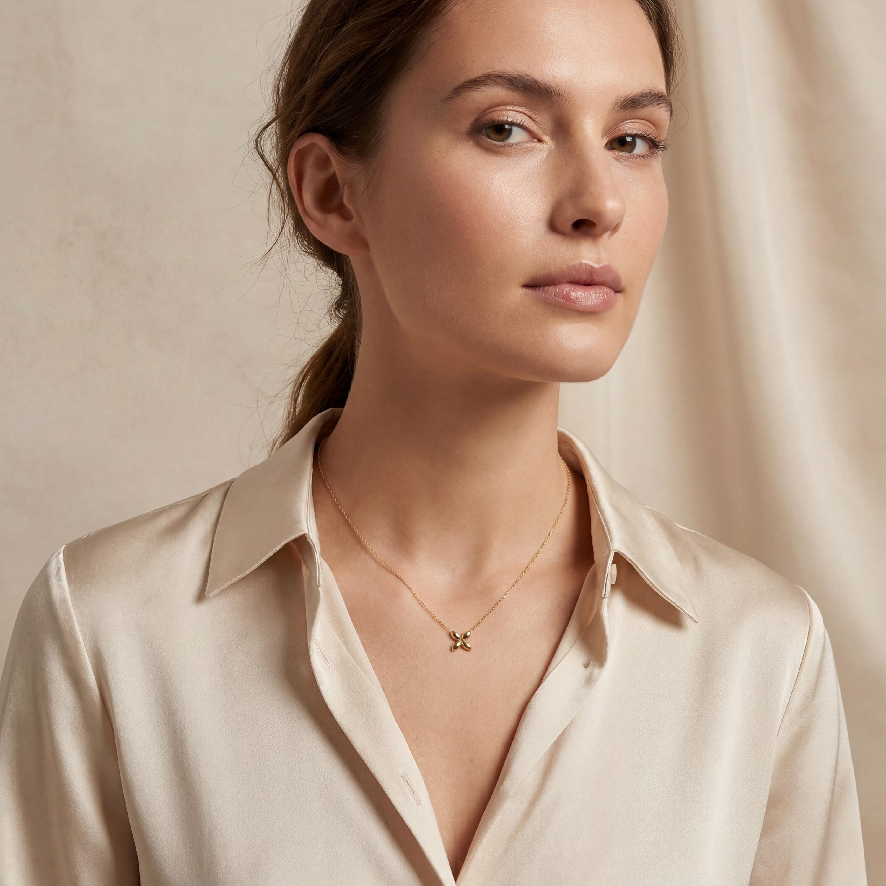 Dainty Four Petal Flower 14K Solid Gold Pendant Necklace