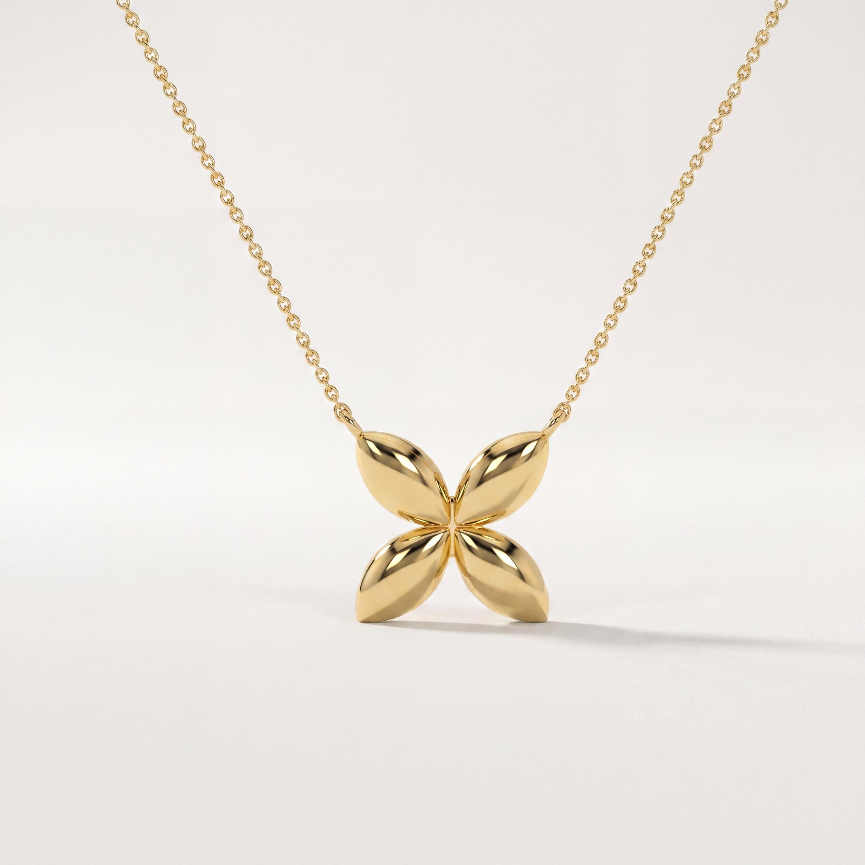 Dainty Four Petal Flower 14K Solid Gold Pendant Necklace