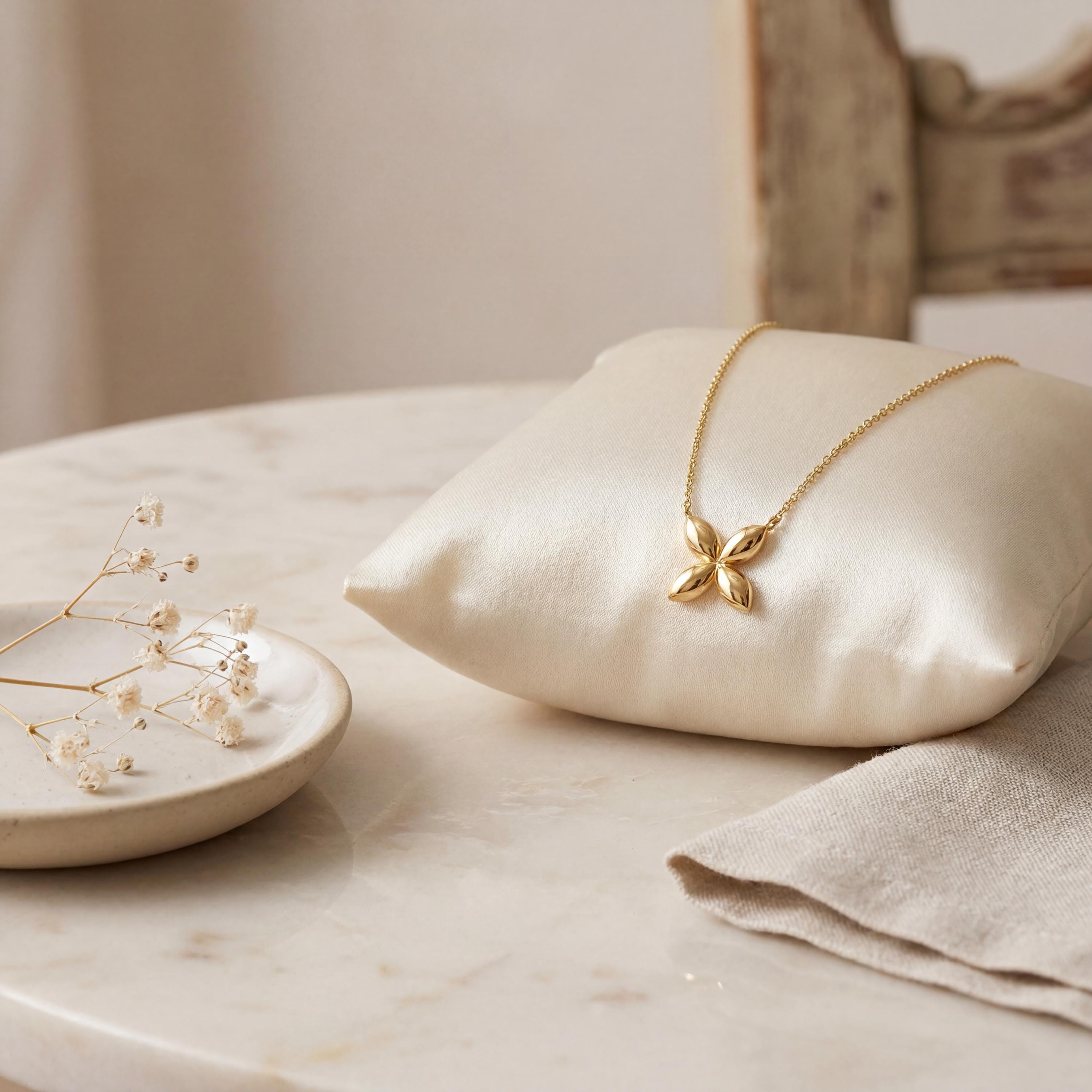 Dainty Four Petal Flower 14K Solid Gold Pendant Necklace
