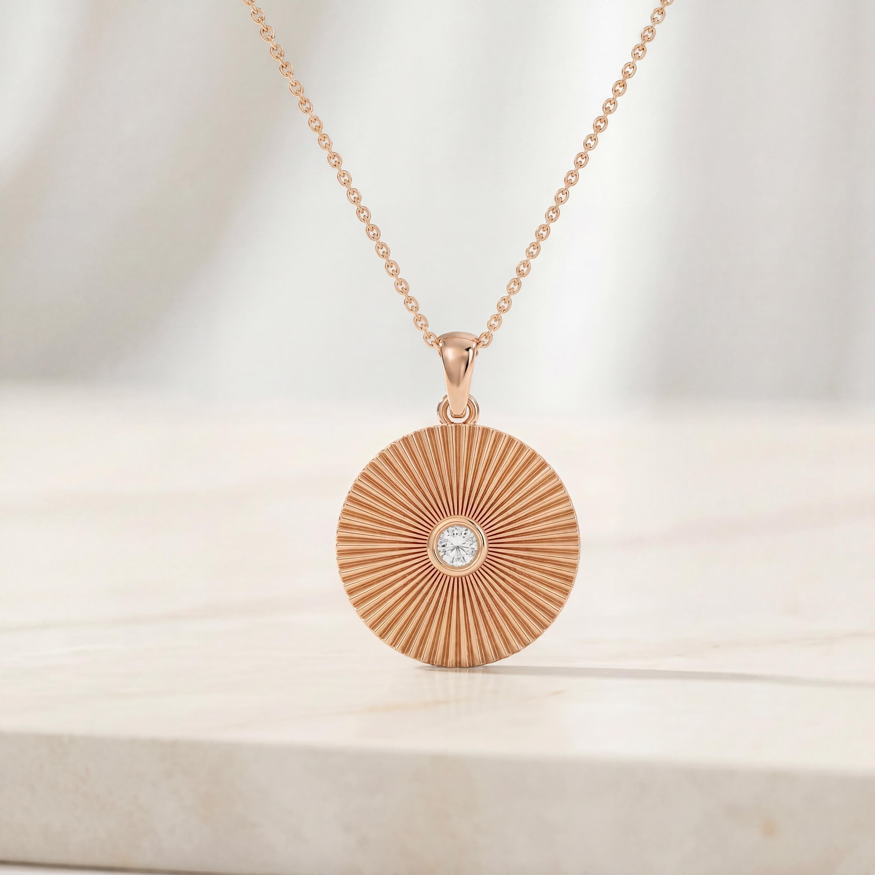 Diamond Fluted Circle Dainty Sun Burst 14K Solid Gold Pendant Necklace