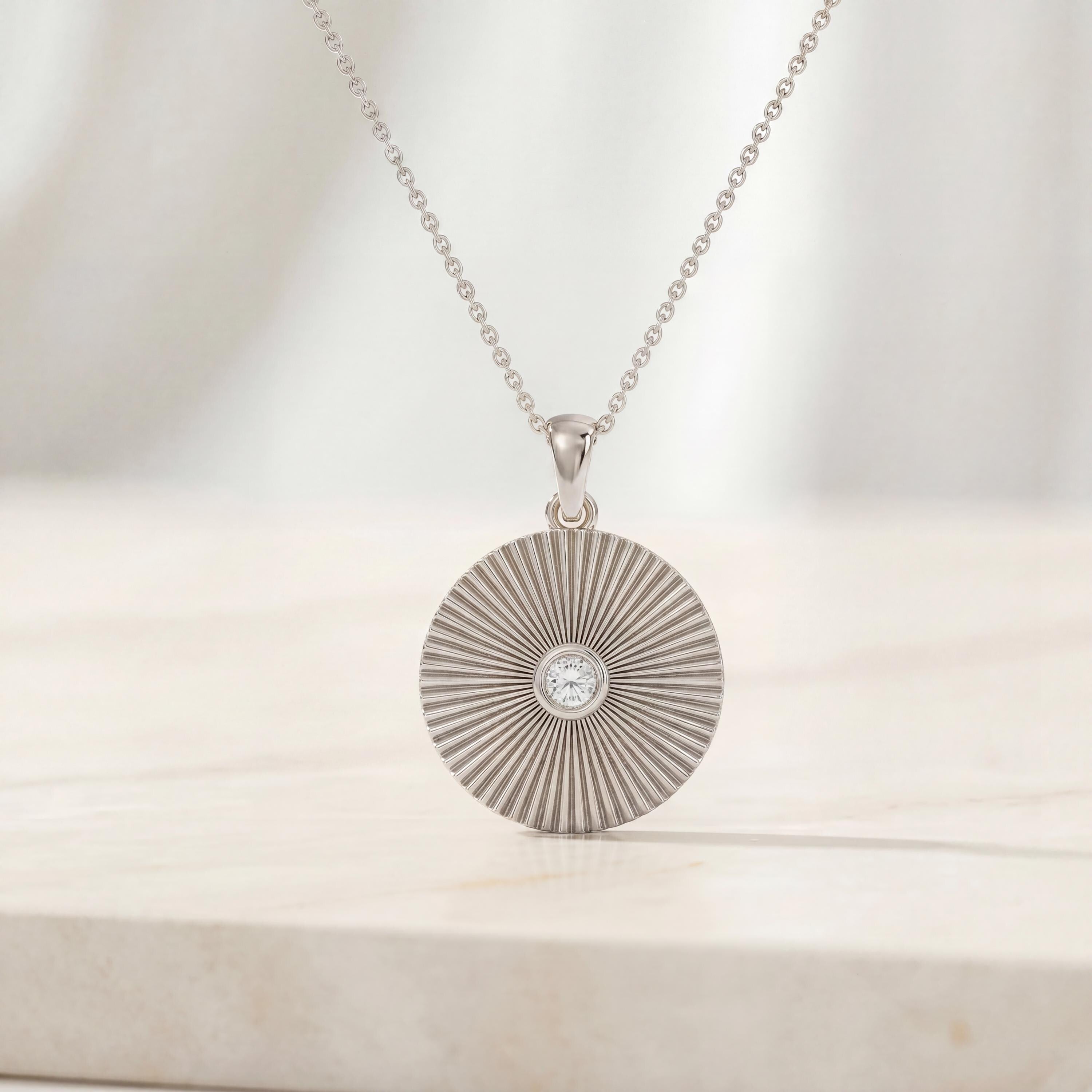 Diamond Fluted Circle Dainty Sun Burst 14K Solid Gold Pendant Necklace