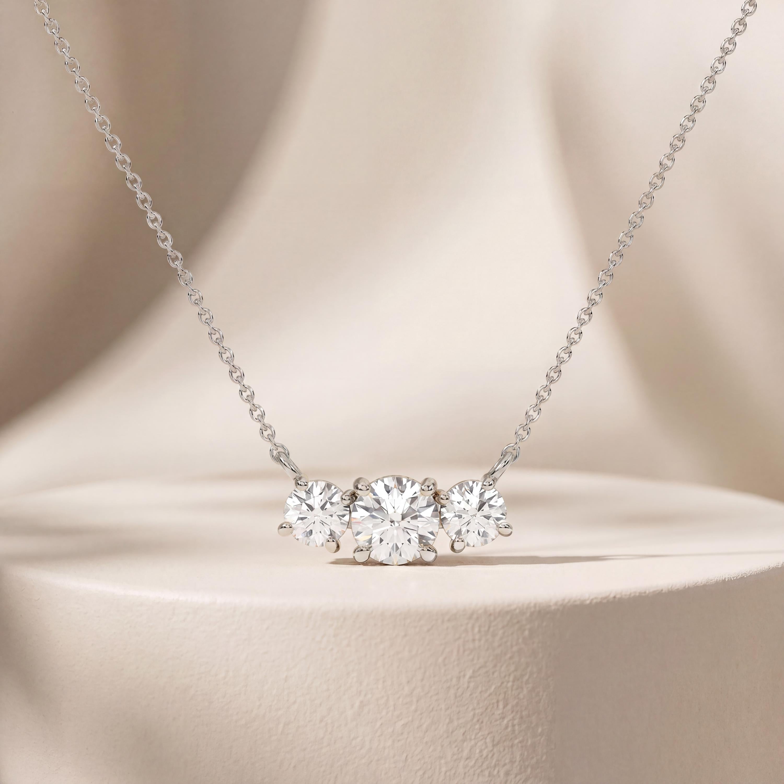 Round Diamond Three Stone Dainty Necklace 14K Solid Gold Pendant