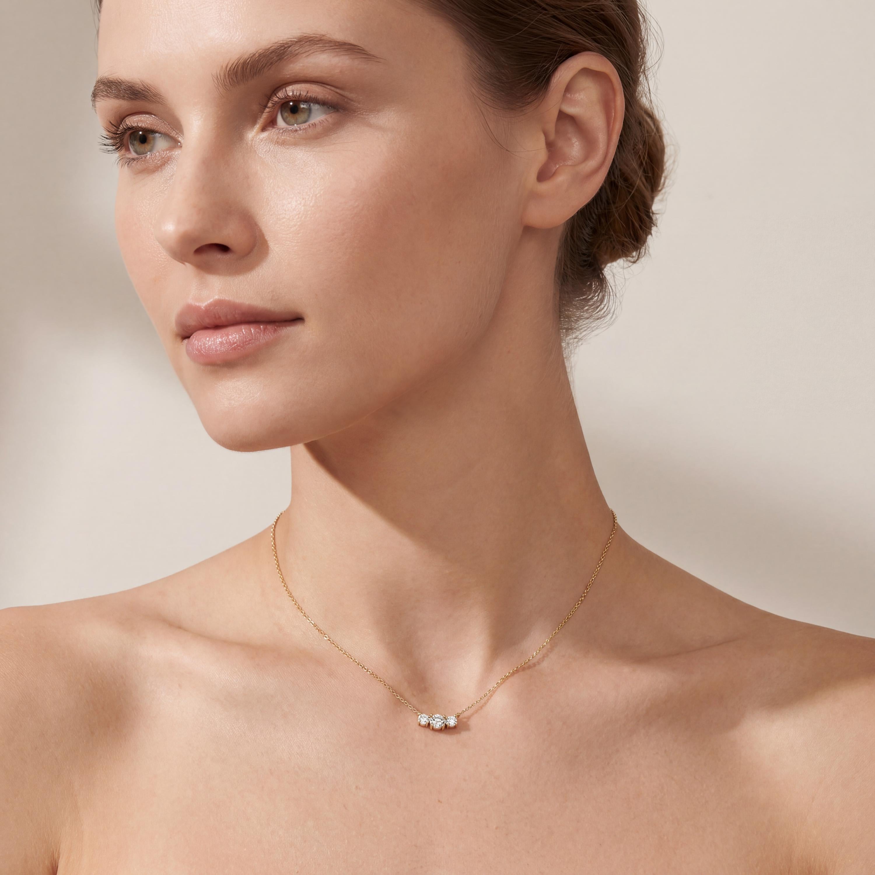 Round Diamond Three Stone Dainty Necklace 14K Solid Gold Pendant