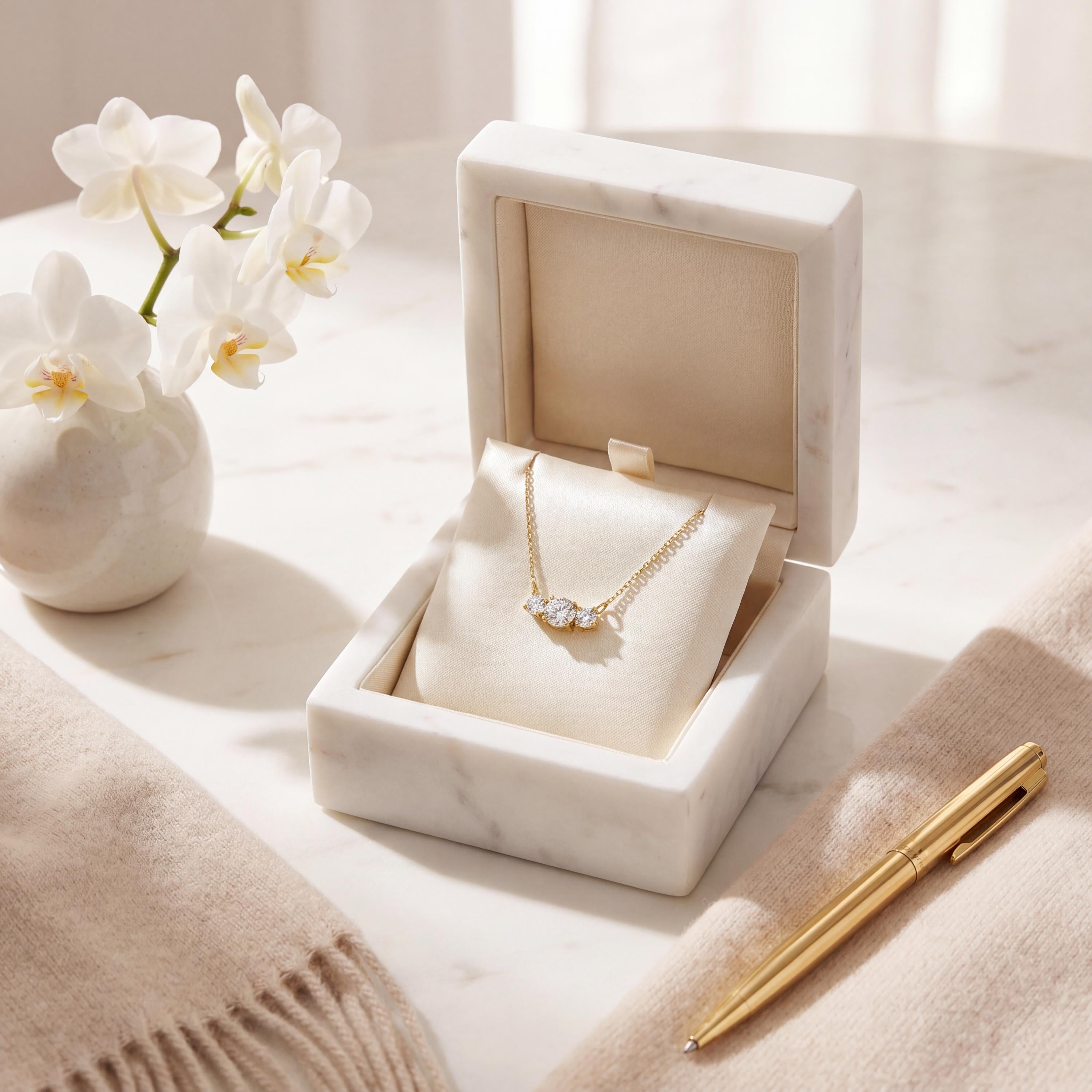 Round Diamond Three Stone Dainty Necklace 14K Solid Gold Pendant
