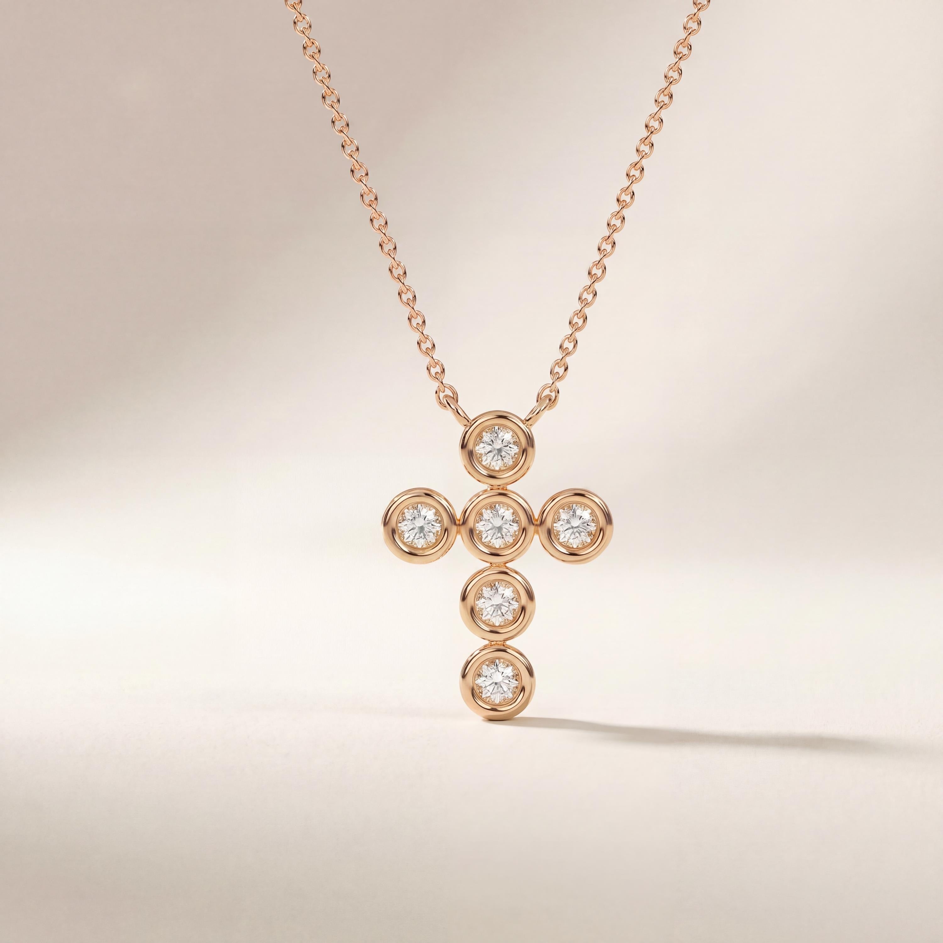 Round Diamond Dainty Bezel Set Cross 14K Solid Gold Pendant Necklace