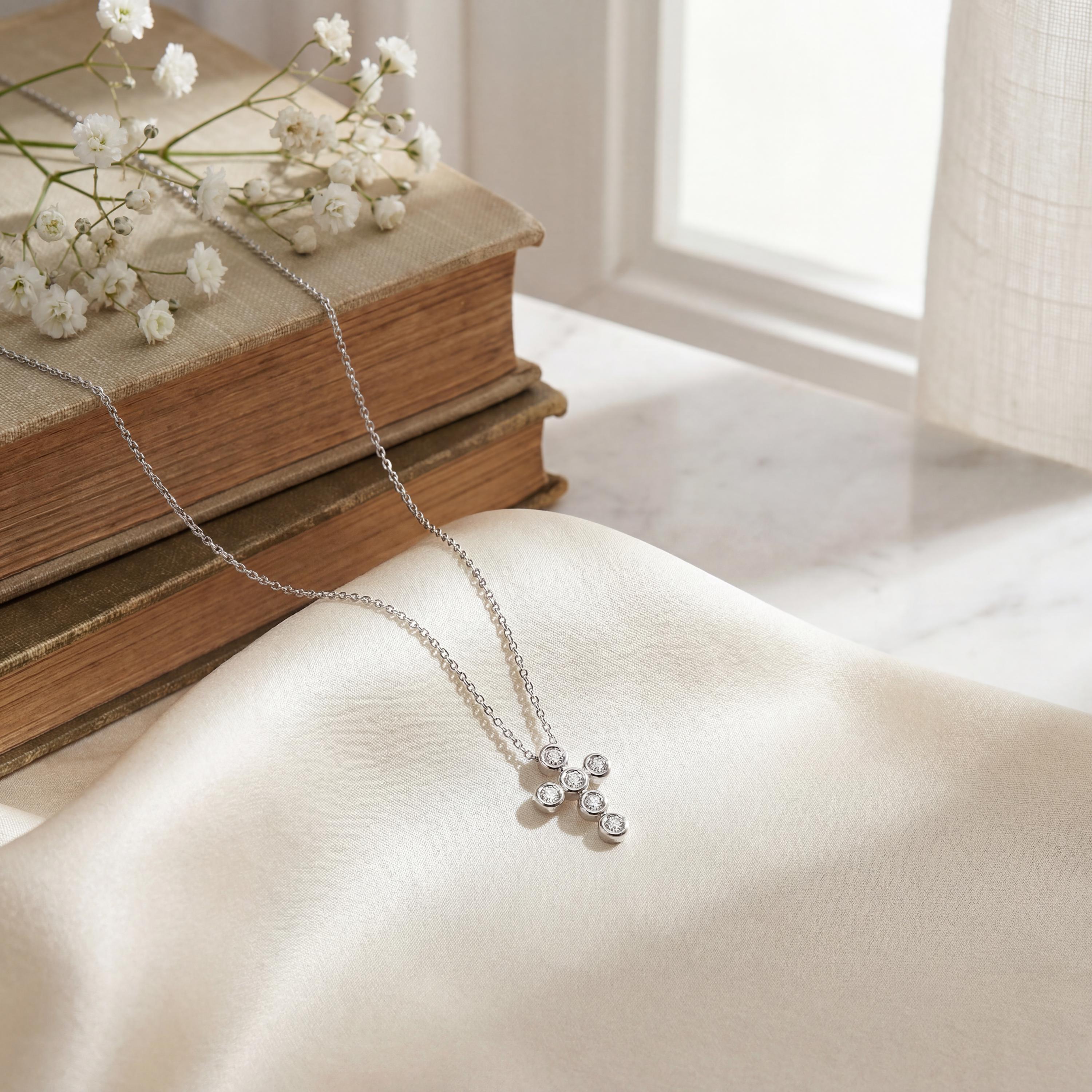 Round Diamond Dainty Bezel Set Cross 14K Solid Gold Pendant Necklace