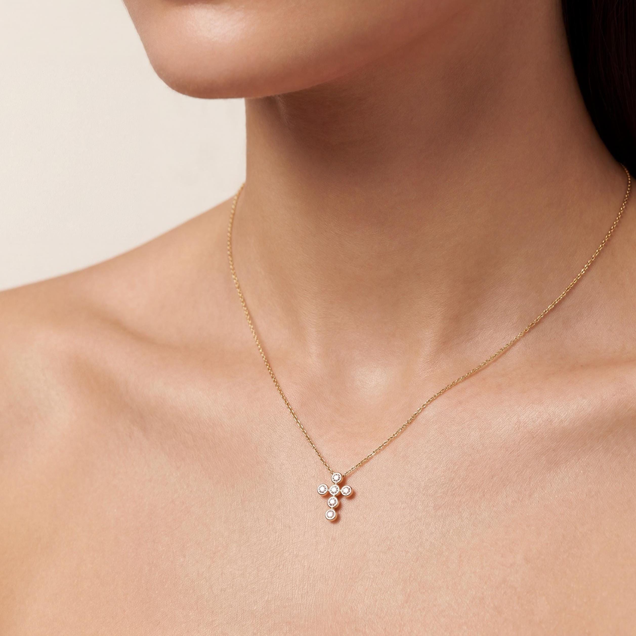 Round Diamond Dainty Bezel Set Cross 14K Solid Gold Pendant Necklace