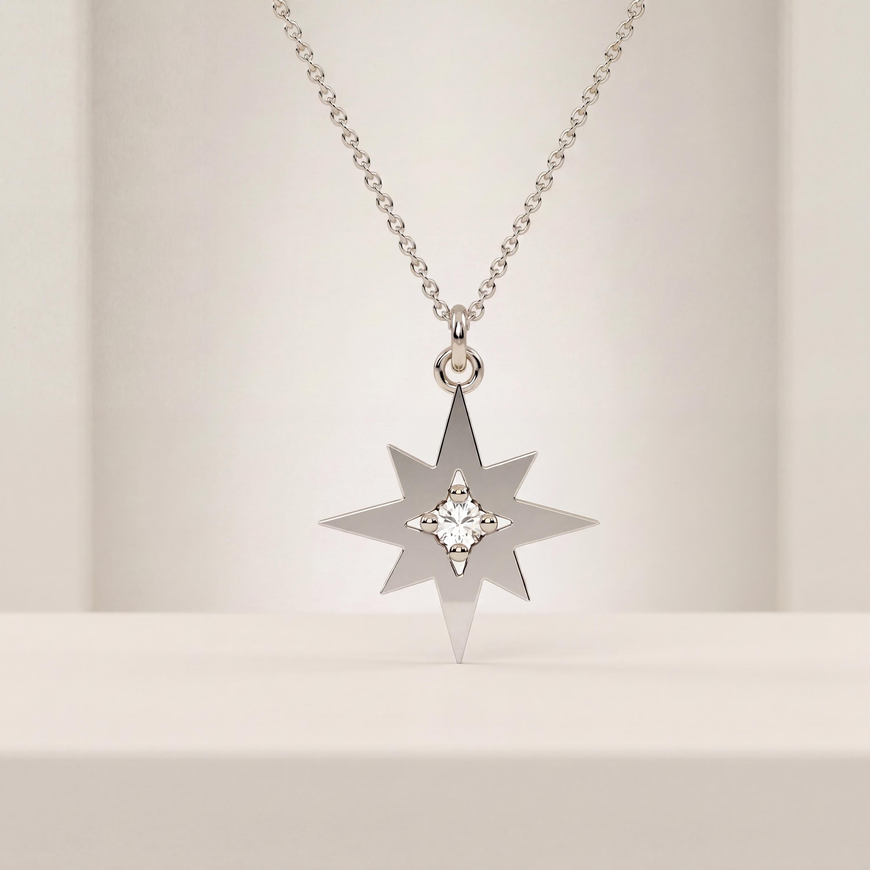 Round Diamond Dainty North Star Compass 14K Solid Gold Pendant Necklace