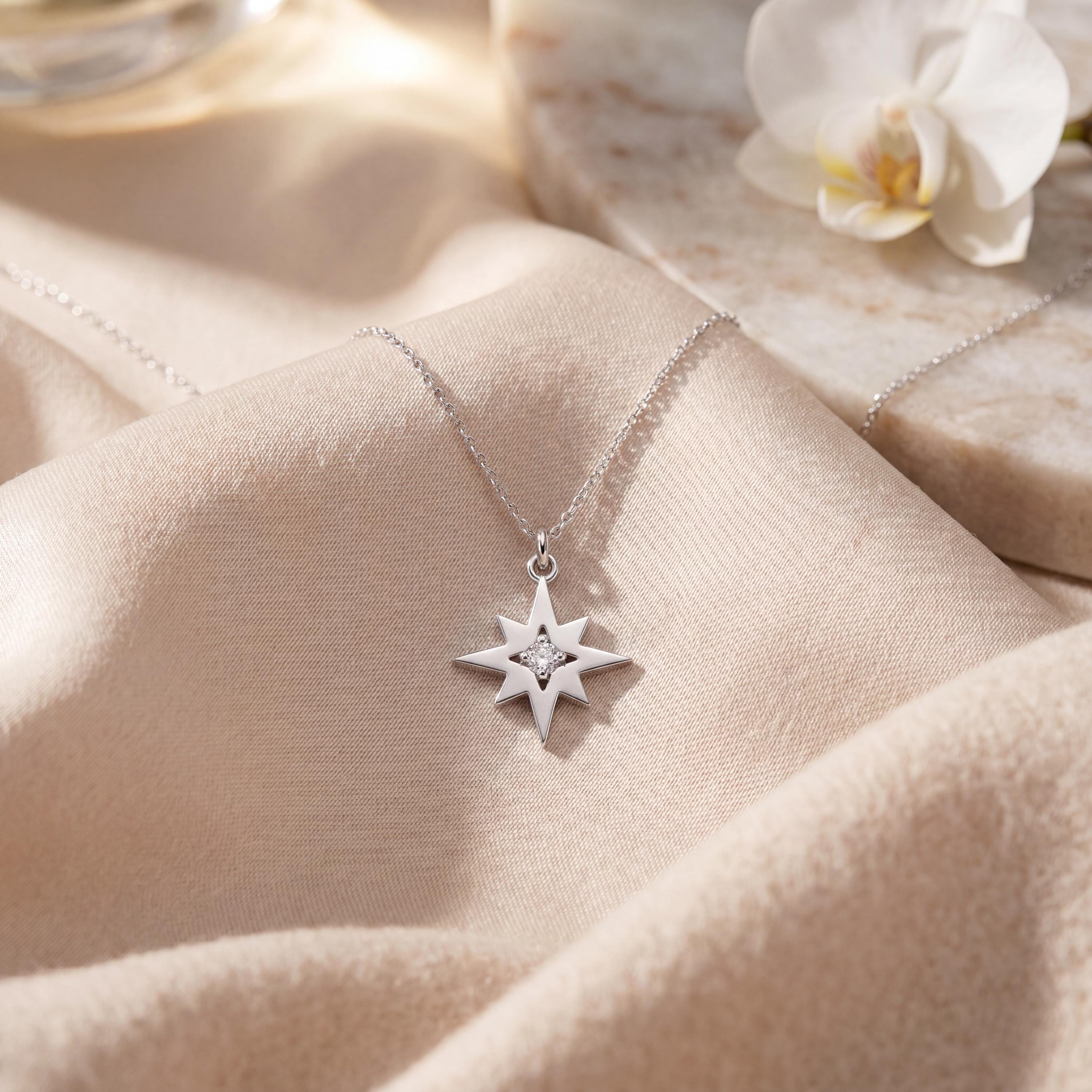 Round Diamond Dainty North Star Compass 14K Solid Gold Pendant Necklace
