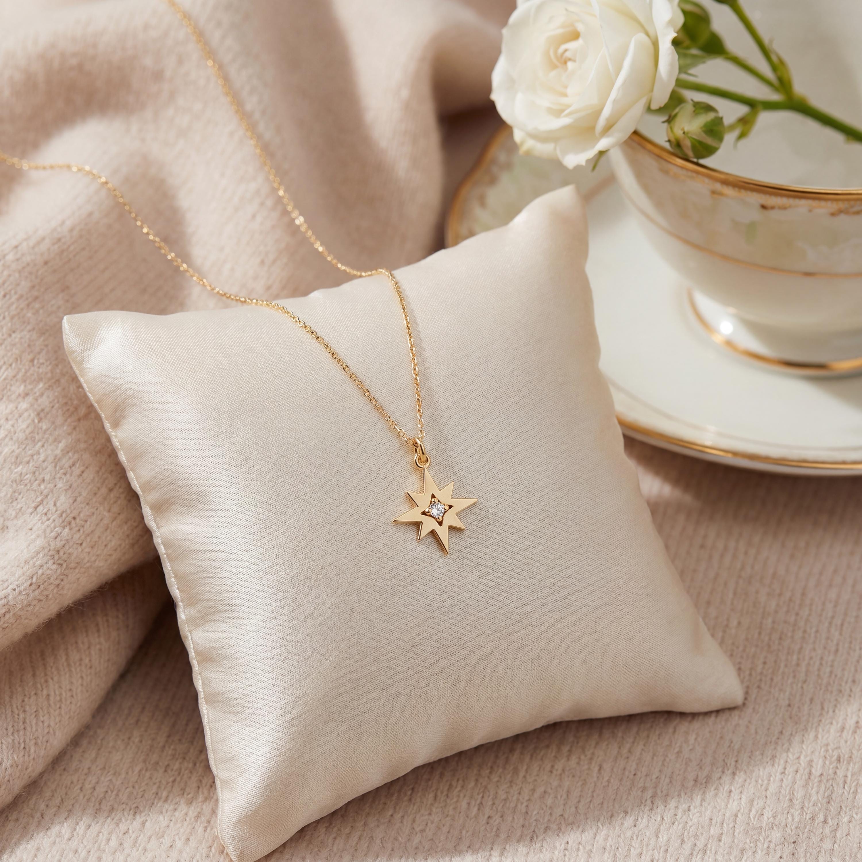 Round Diamond Dainty North Star Compass 14K Solid Gold Pendant Necklace