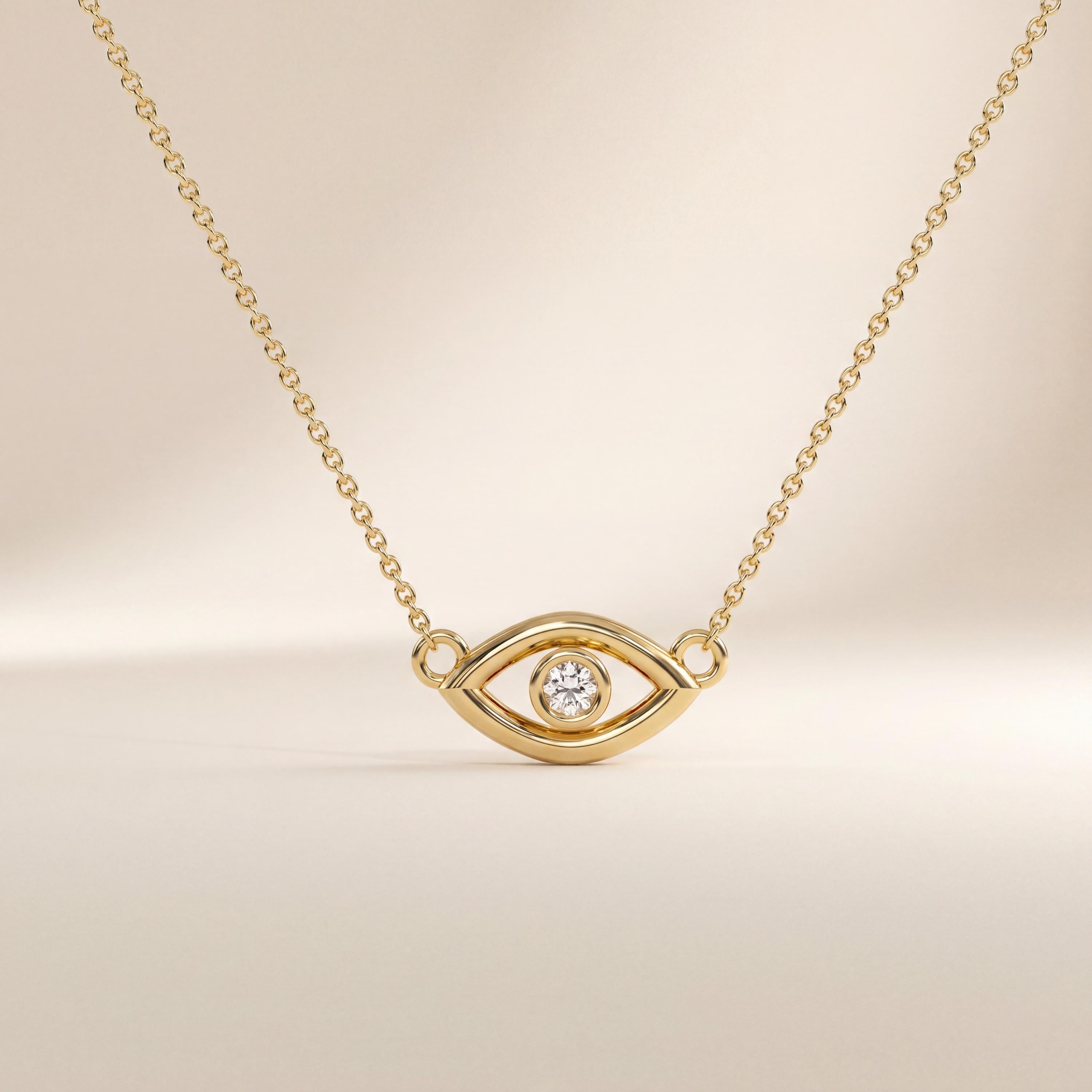 Round Diamond Dainty Evil Eye 14K Solid Gold Pendant Necklace