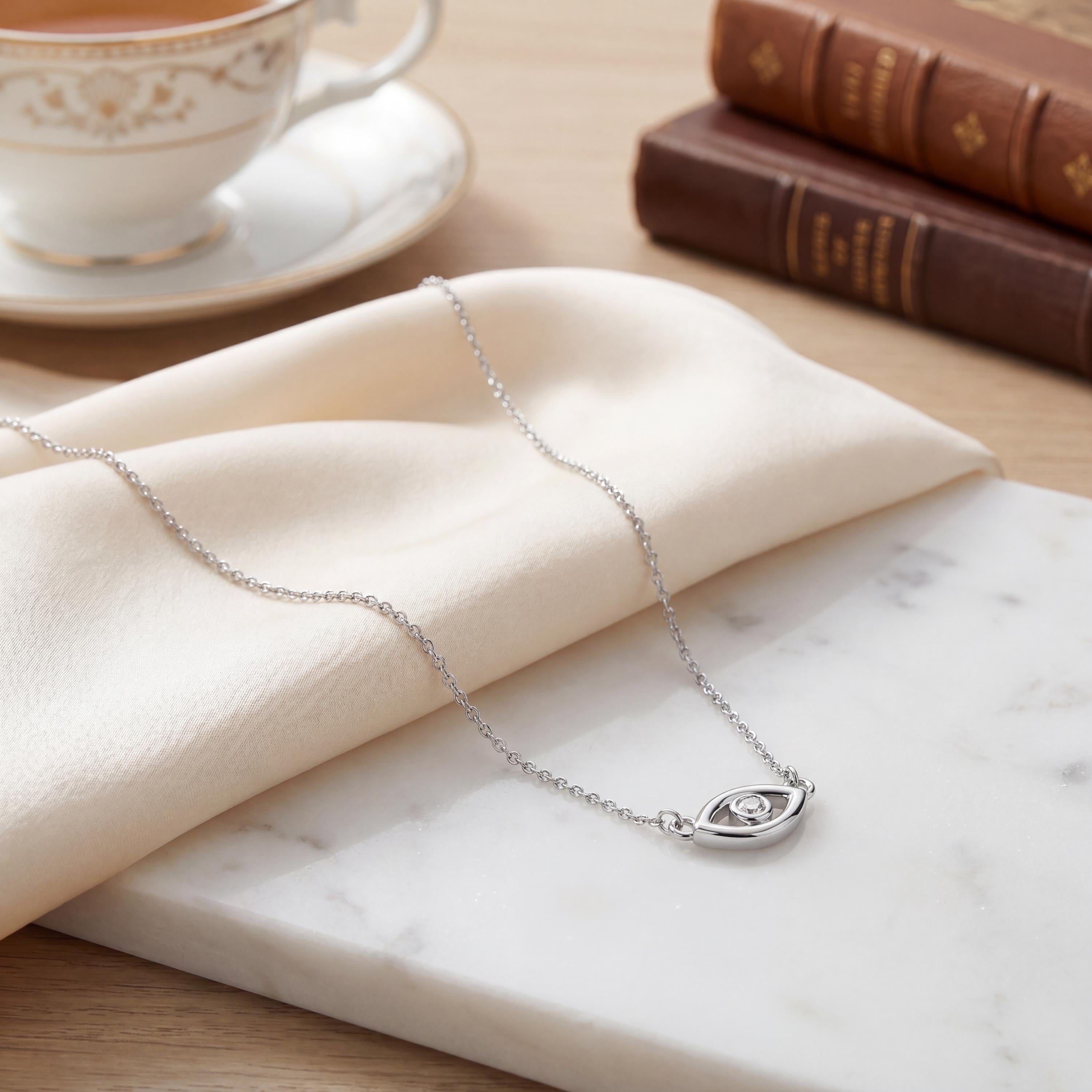 Round Diamond Dainty Evil Eye 14K Solid Gold Pendant Necklace