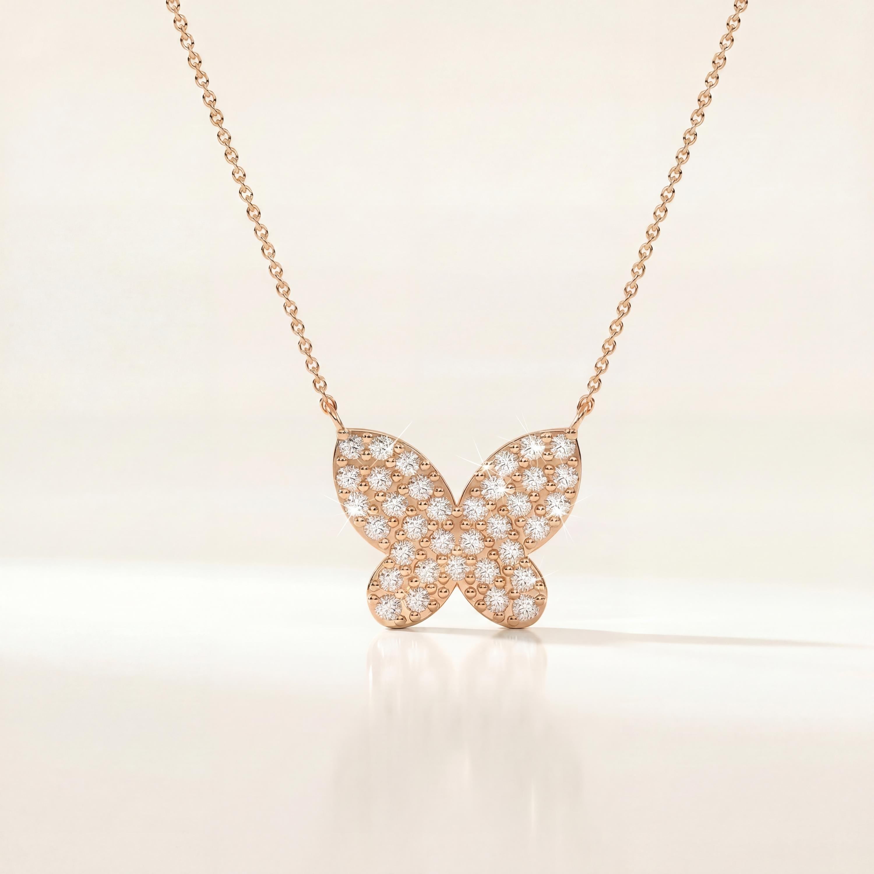 Round Pave Diamond Dainty Butterfly 14K Solid Gold Pendant Necklace
