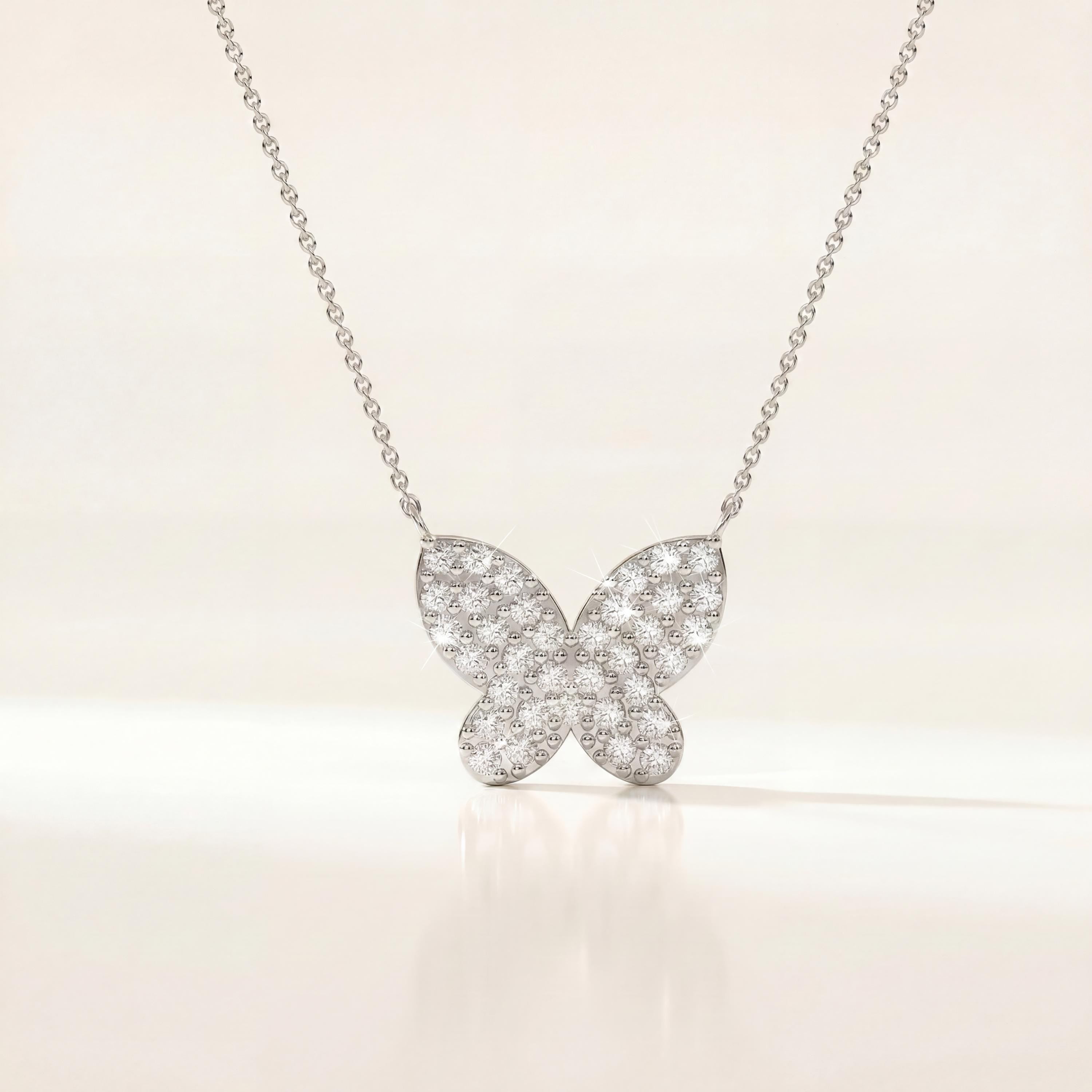 Round Pave Diamond Dainty Butterfly 14K Solid Gold Pendant Necklace