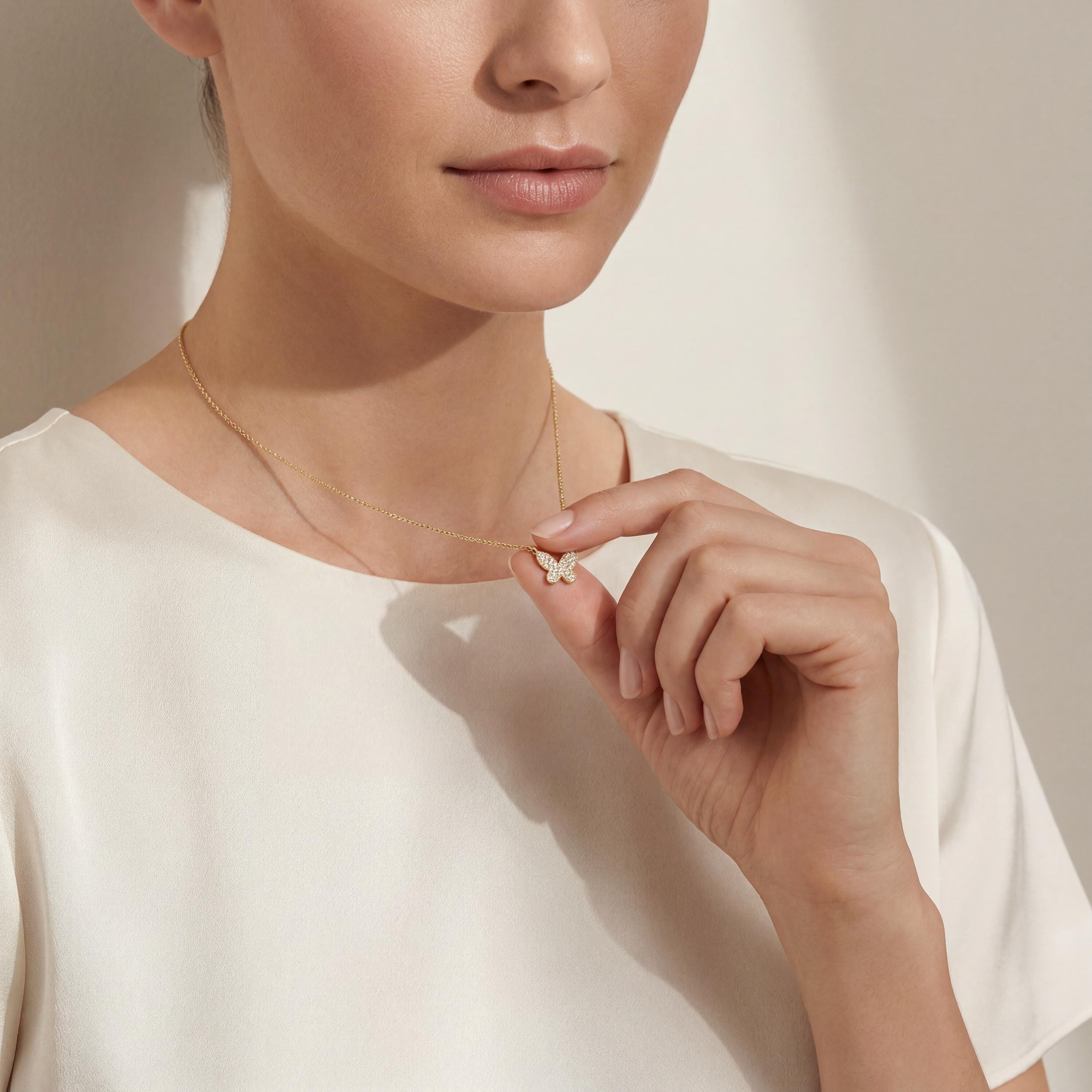 Round Pave Diamond Dainty Butterfly 14K Solid Gold Pendant Necklace