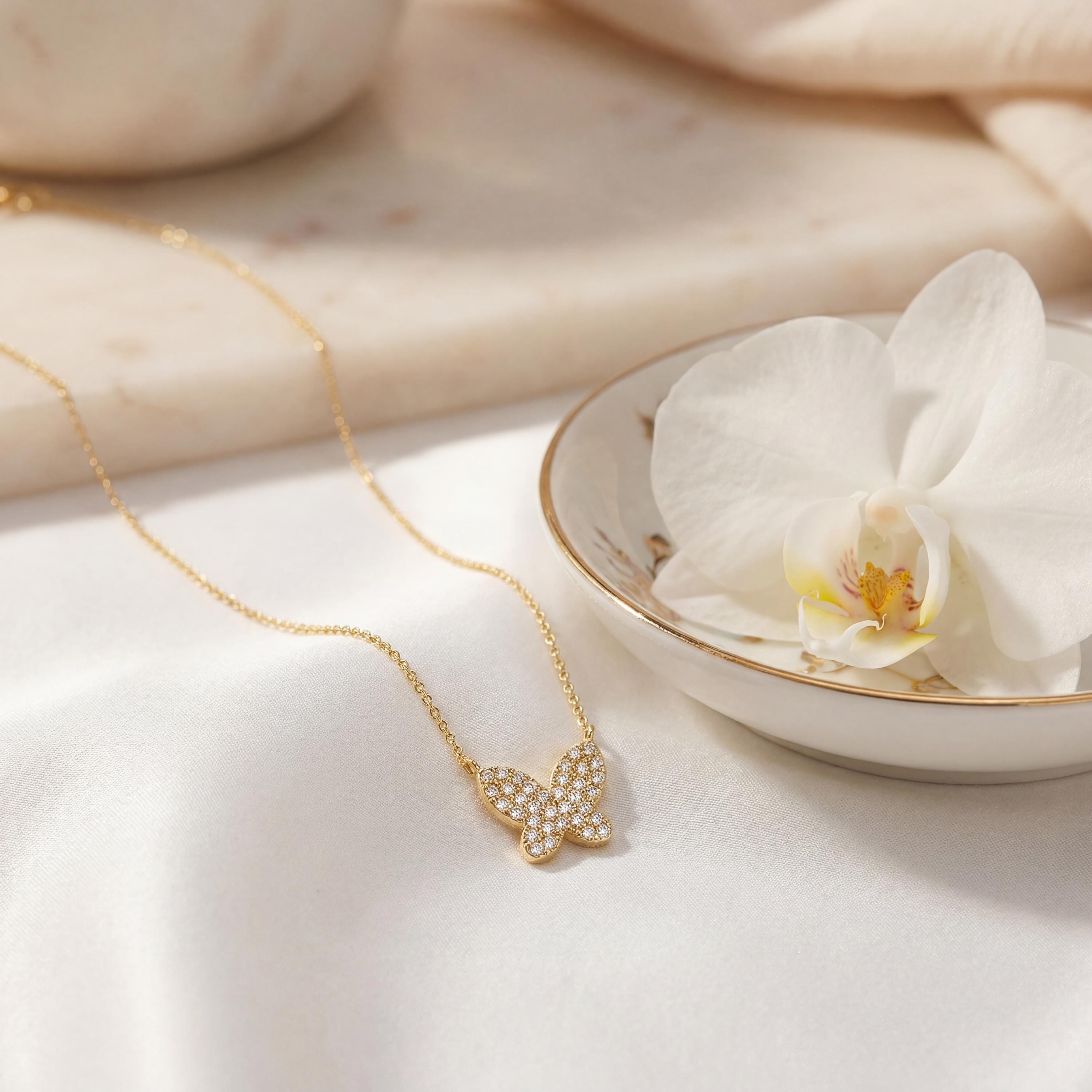 Round Pave Diamond Dainty Butterfly 14K Solid Gold Pendant Necklace