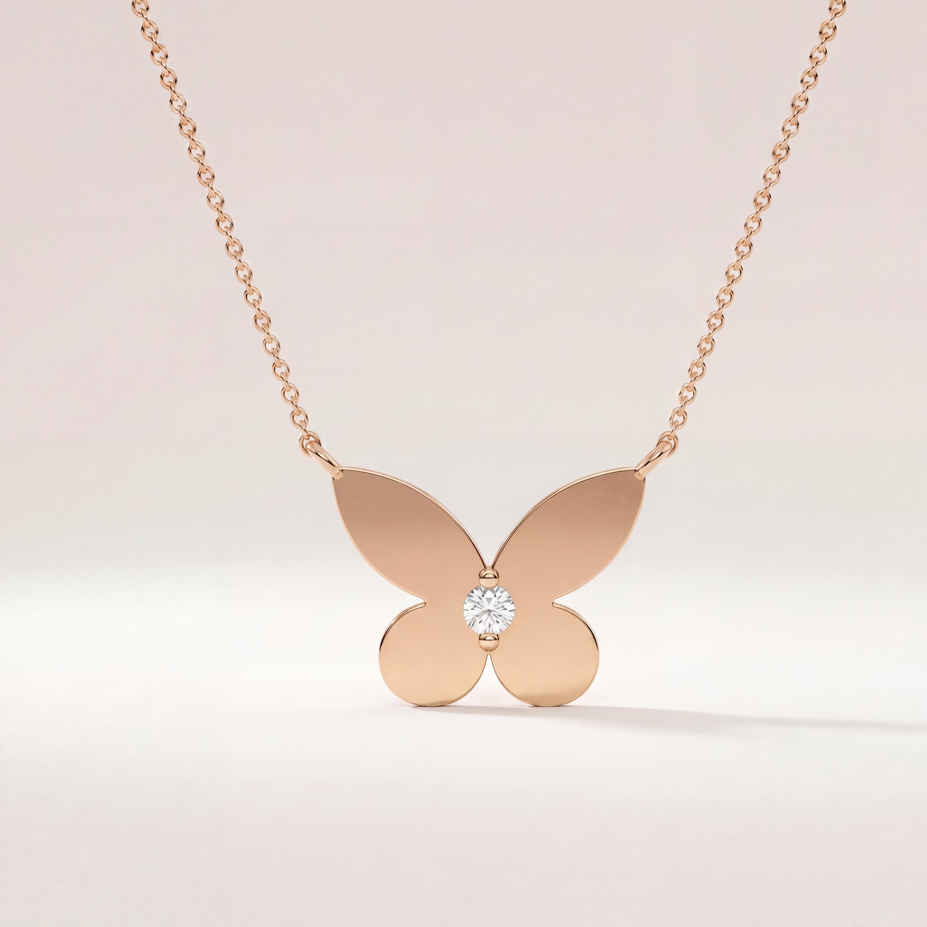 Round Solitaire Diamond Dainty Butterfly 14K Solid Gold Pendant Necklace