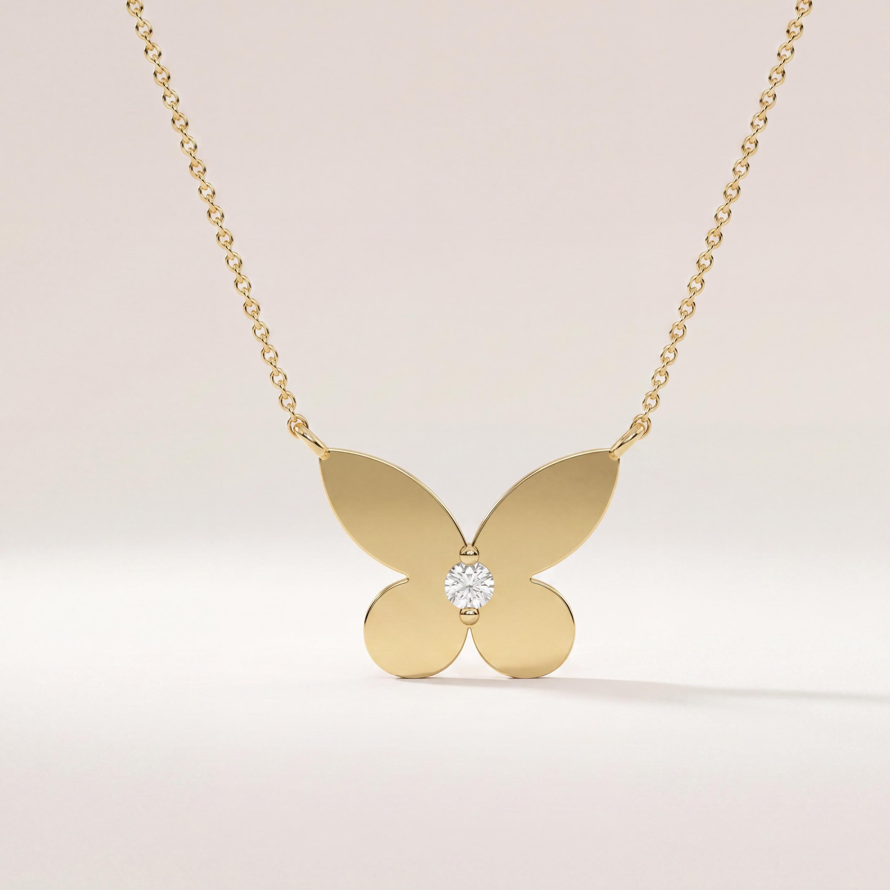 Round Solitaire Diamond Dainty Butterfly 14K Solid Gold Pendant Necklace