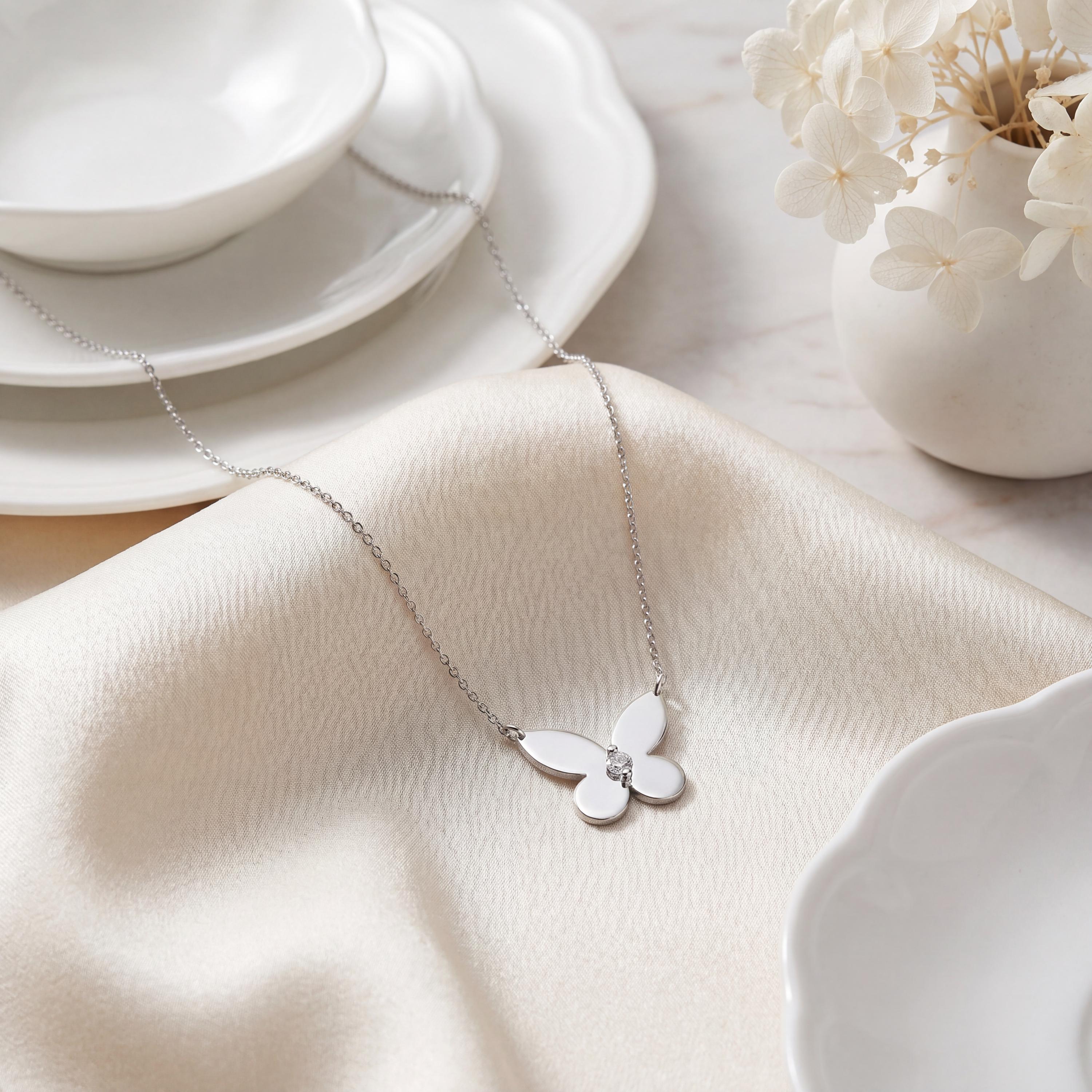 Round Solitaire Diamond Dainty Butterfly 14K Solid Gold Pendant Necklace