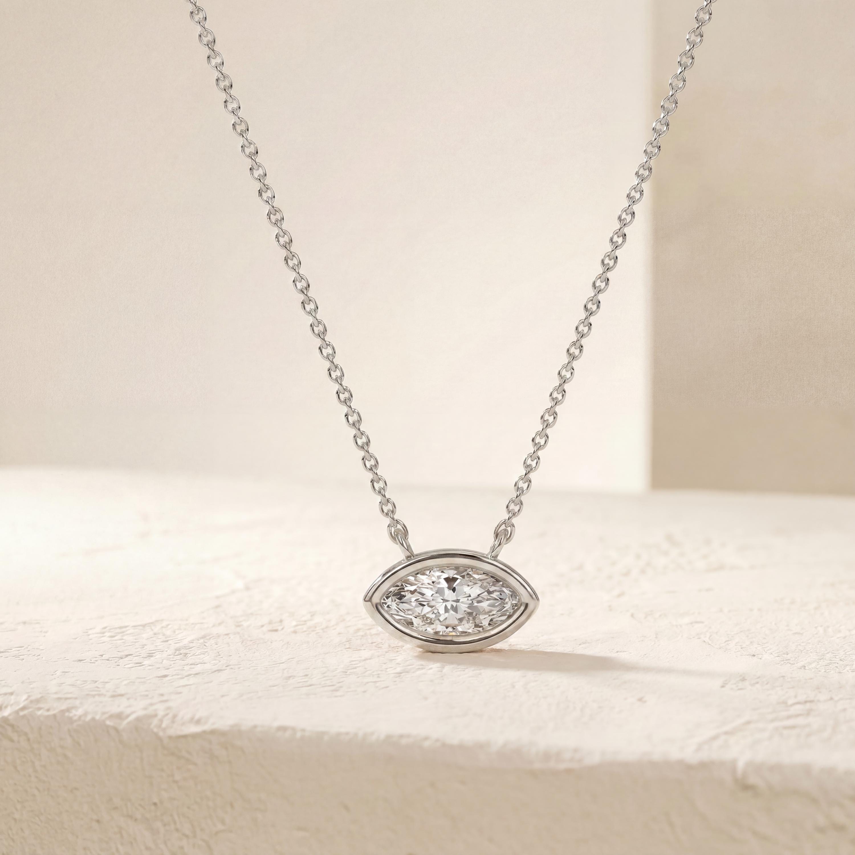 Marquise Solitaire Diamond Dainty Bezel Set 14K Solid Gold Pendant Necklace
