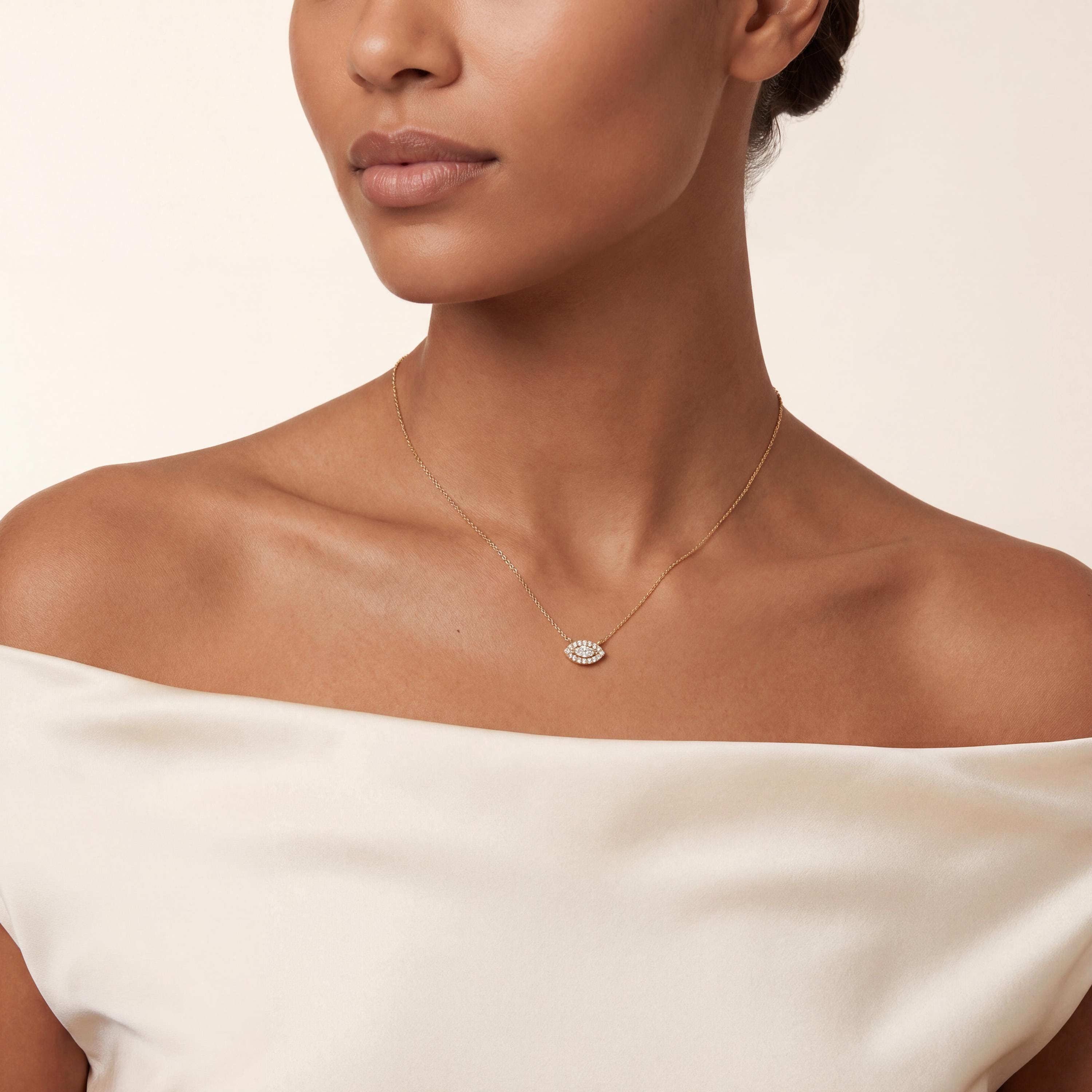 Marquise Diamond Halo Eye Shape 14K Solid Gold Pendant Necklace