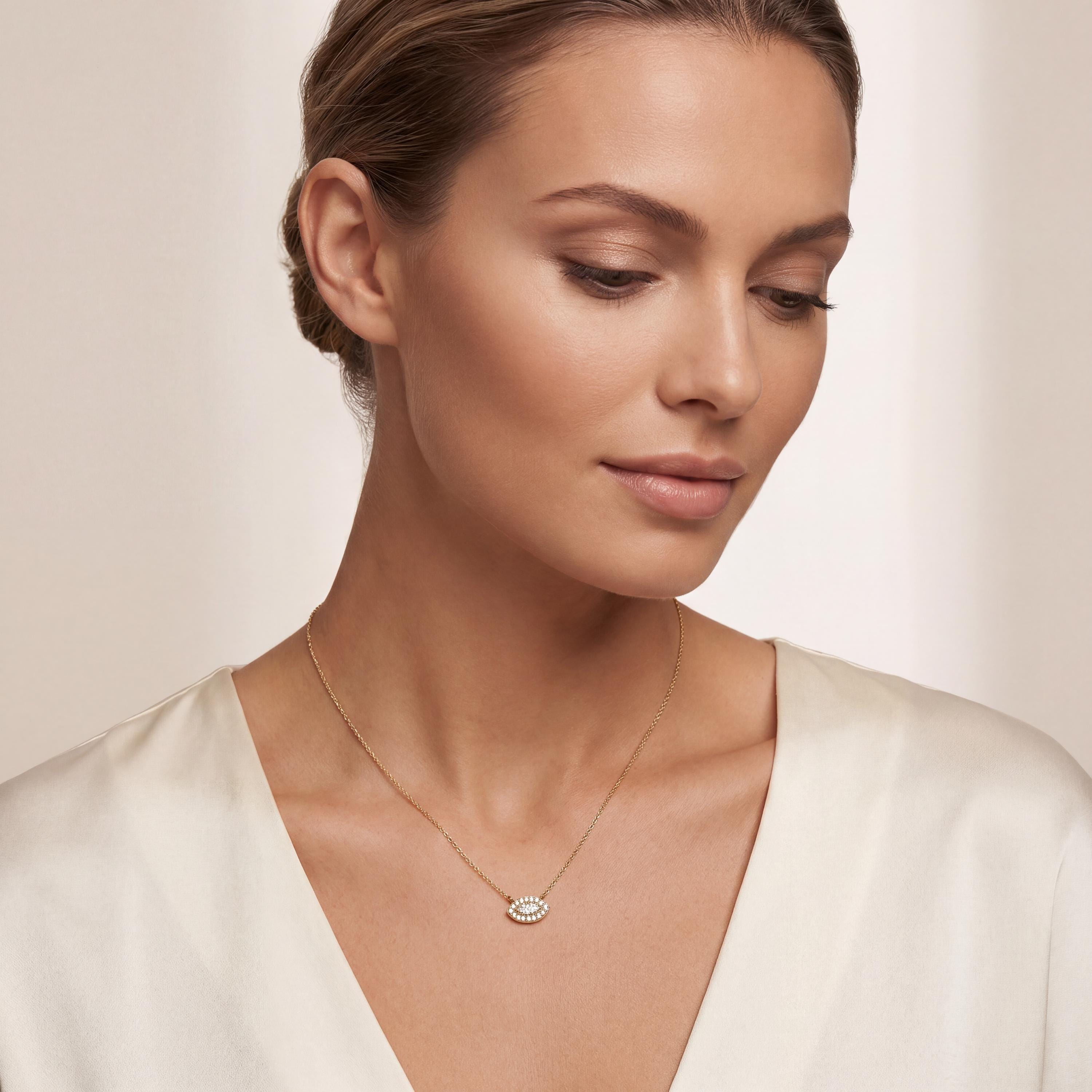 Marquise Diamond Halo Eye Shape 14K Solid Gold Pendant Necklace