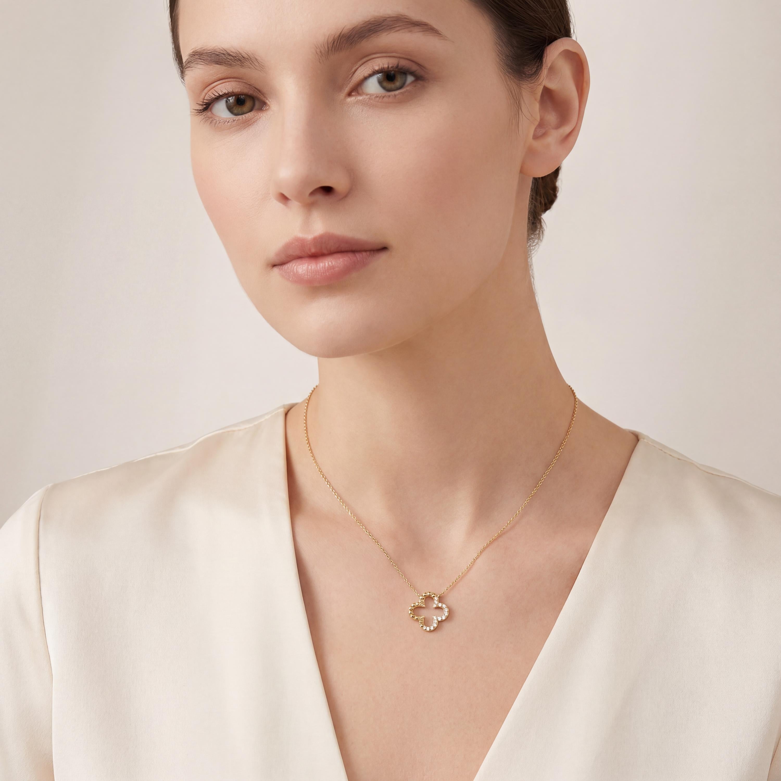 Diamond & Beaded Clover Leaf 14K Solid Gold Pendant Necklace