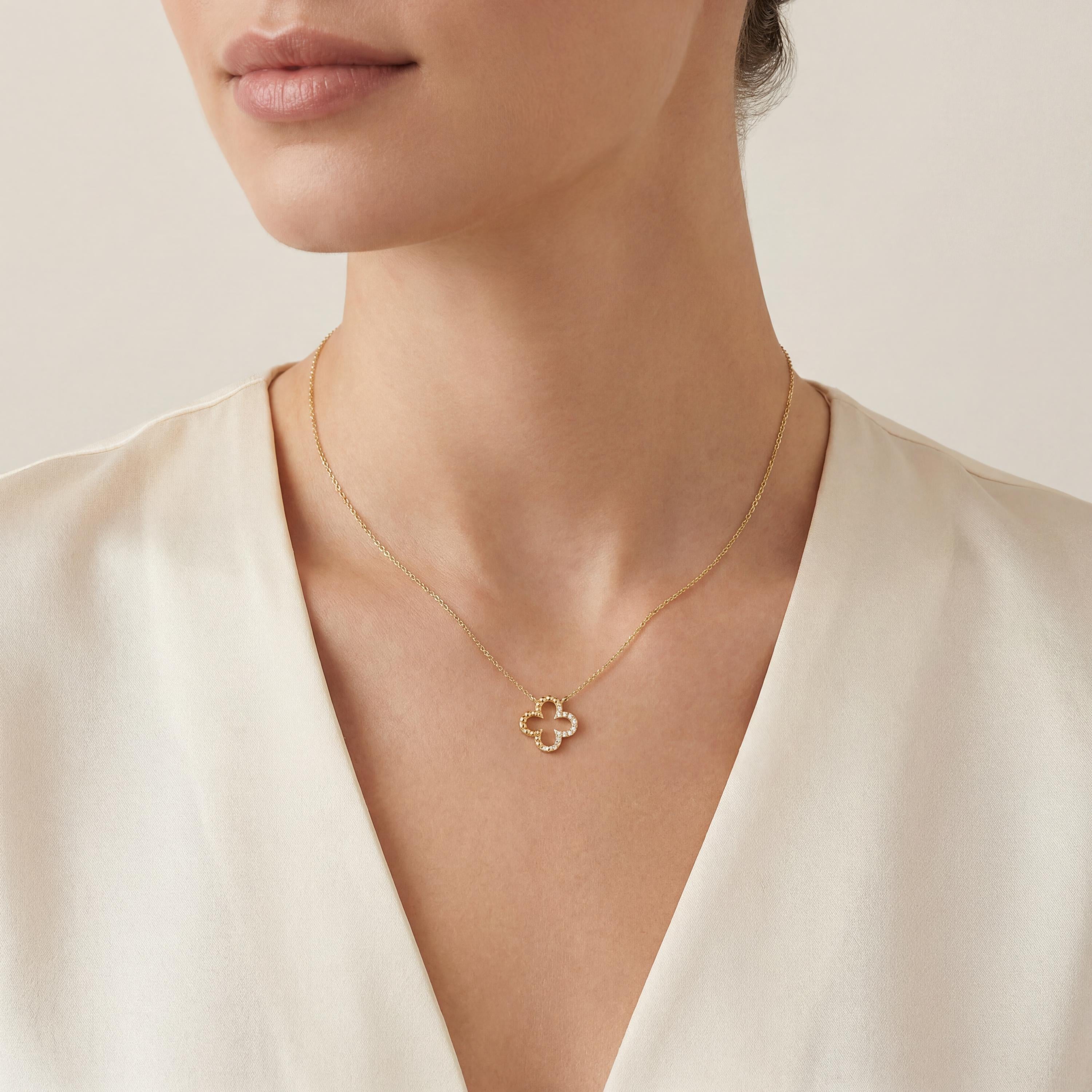 Diamond & Beaded Clover Leaf 14K Solid Gold Pendant Necklace