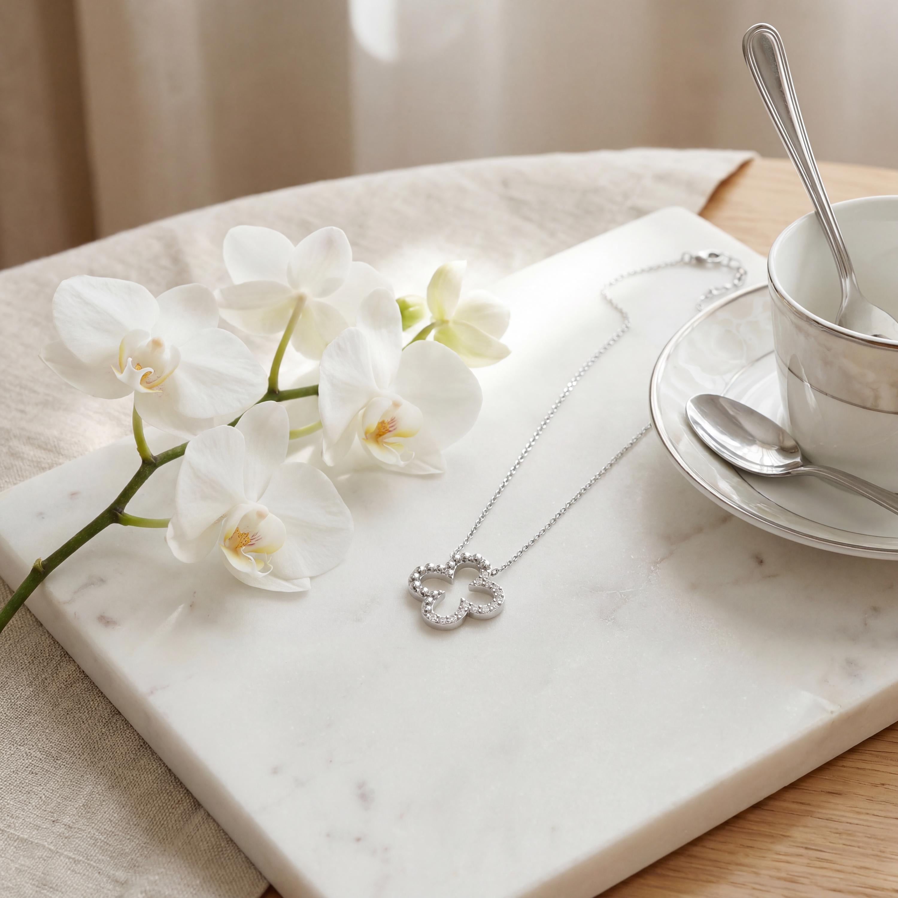 Diamond & Beaded Clover Leaf 14K Solid Gold Pendant Necklace