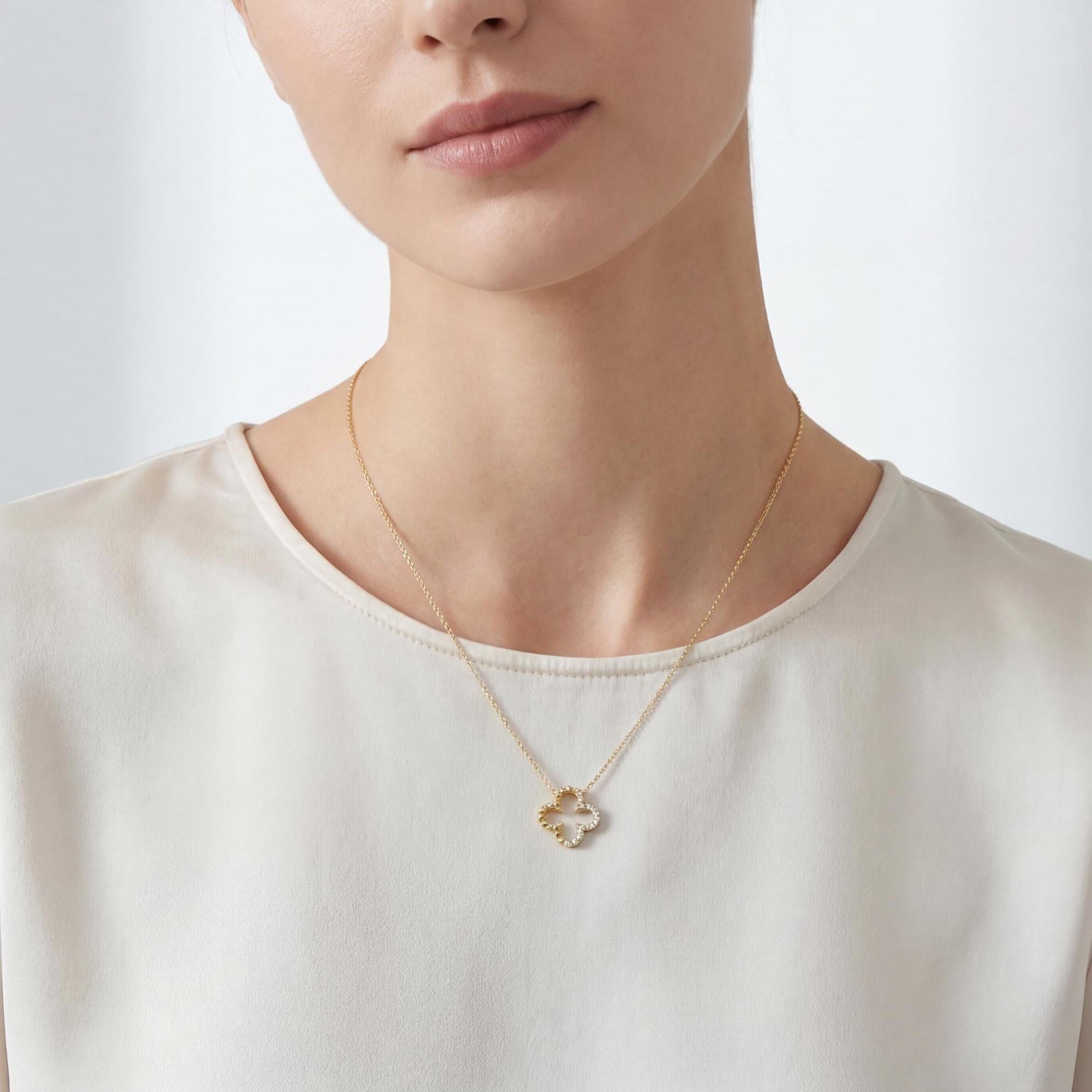 Diamond & Beaded Clover Leaf 14K Solid Gold Pendant Necklace