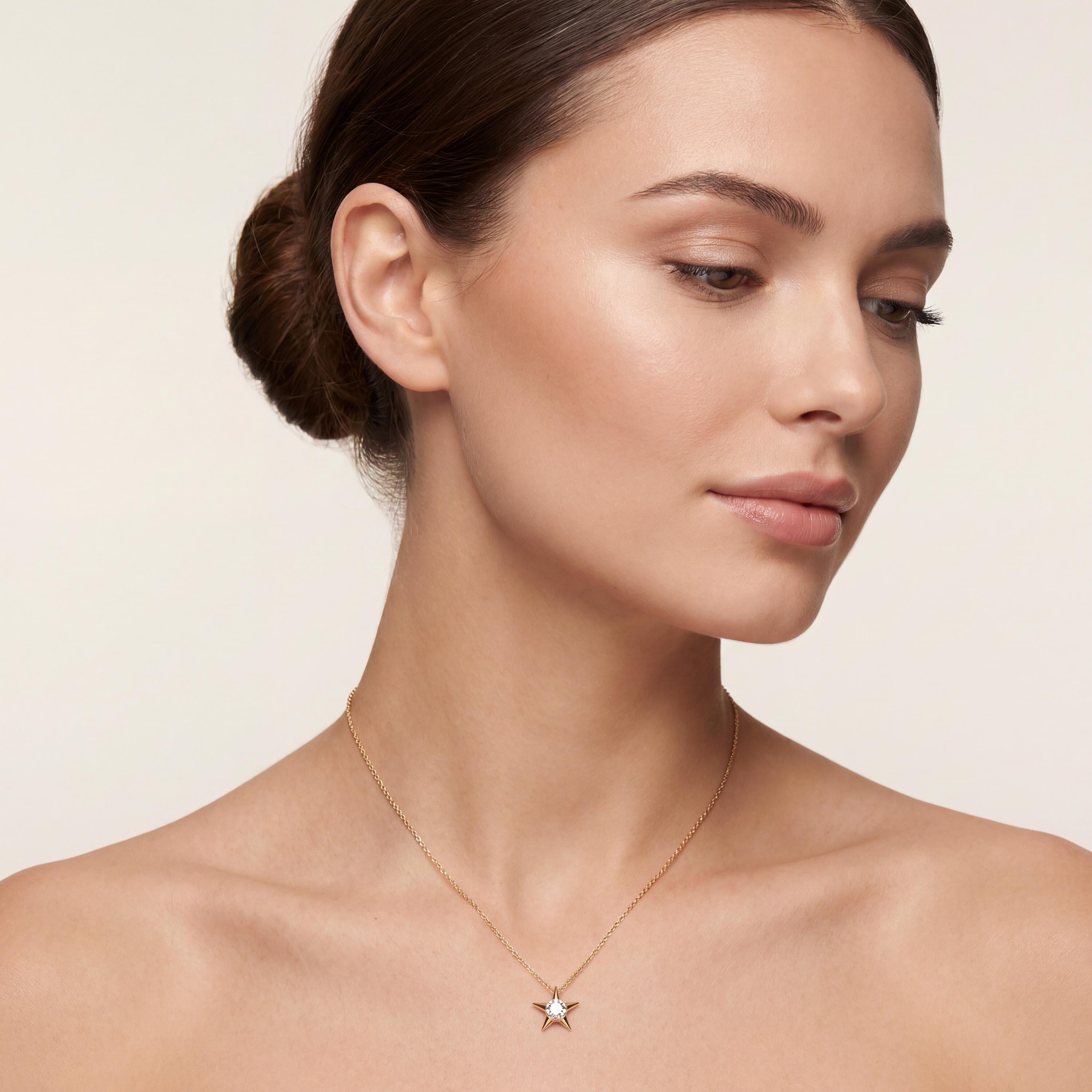 Round Solitaire Diamond Dainty Star 14K Solid Gold Pendant Necklace