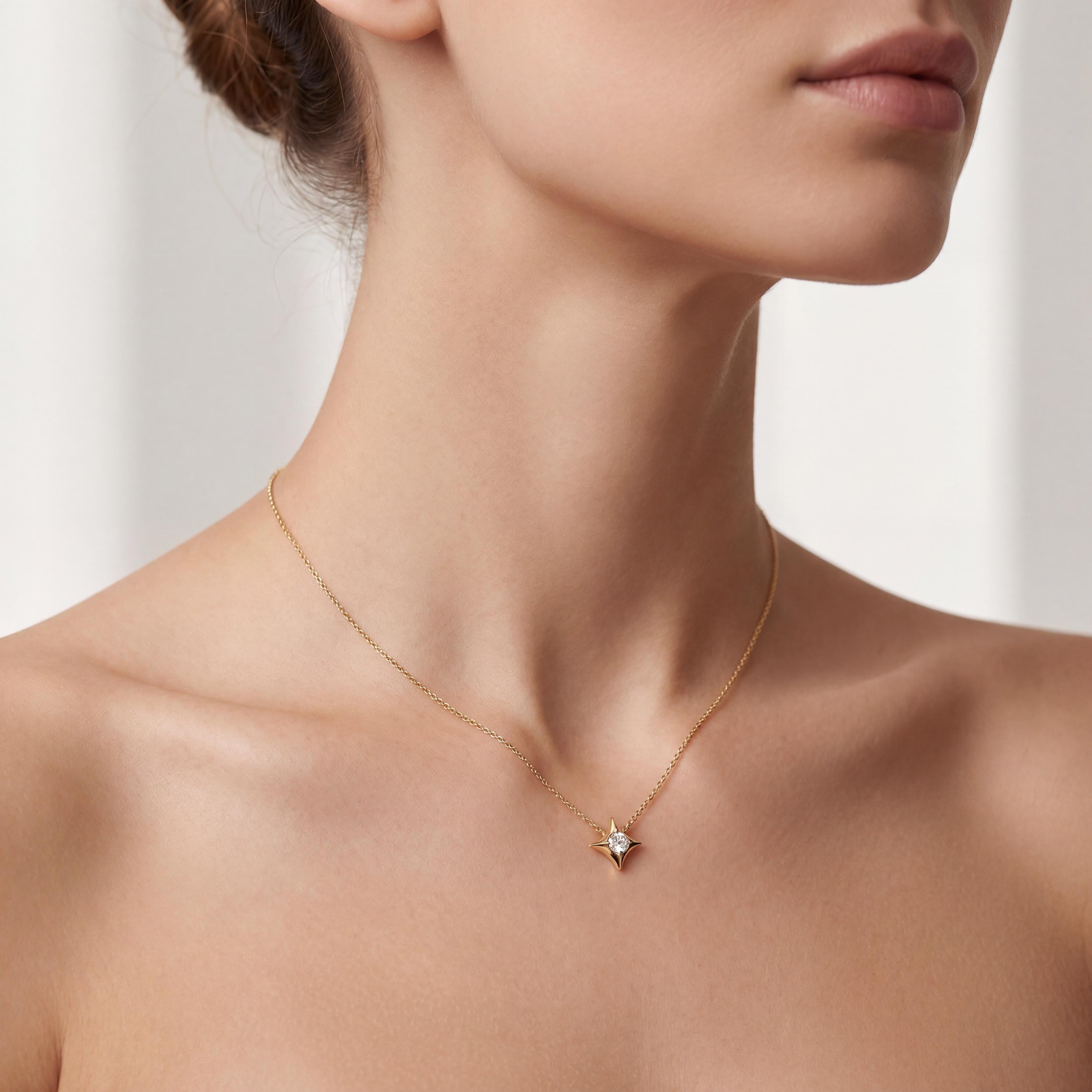 Round Solitaire Diamond Four Point Dainty Star 14K Solid Gold Pendant Necklace